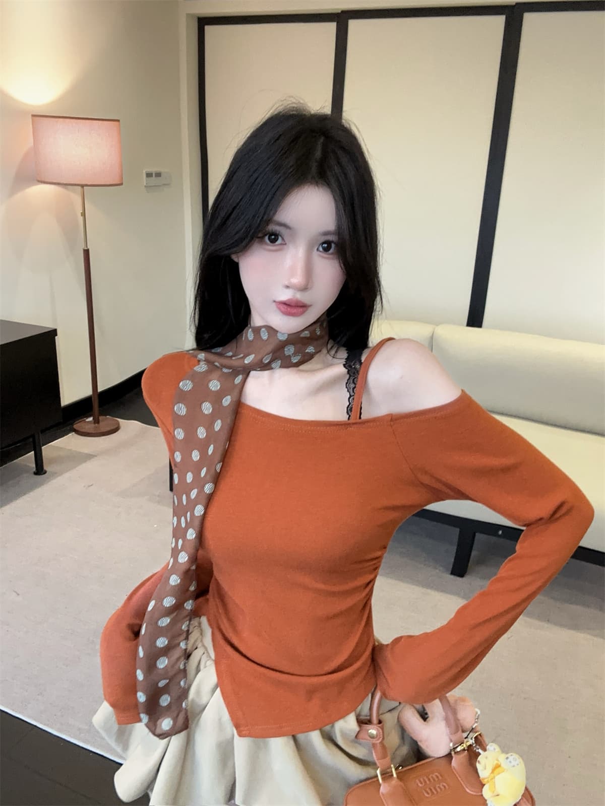 실사 정가 달콤함 도트 무늬 스카프 오프숄더 비스듬한 어깨 긴팔 양모 맨위 t 꽃밭 치마 여성 겨울 패션 세트 상세 이미지 7