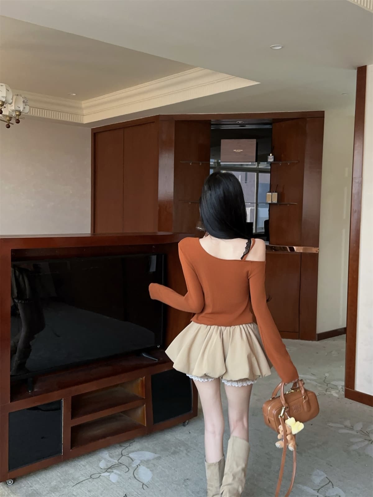 실사 정가 달콤함 도트 무늬 스카프 오프숄더 비스듬한 어깨 긴팔 양모 맨위 t 꽃밭 치마 여성 겨울 패션 세트 상세 이미지 8