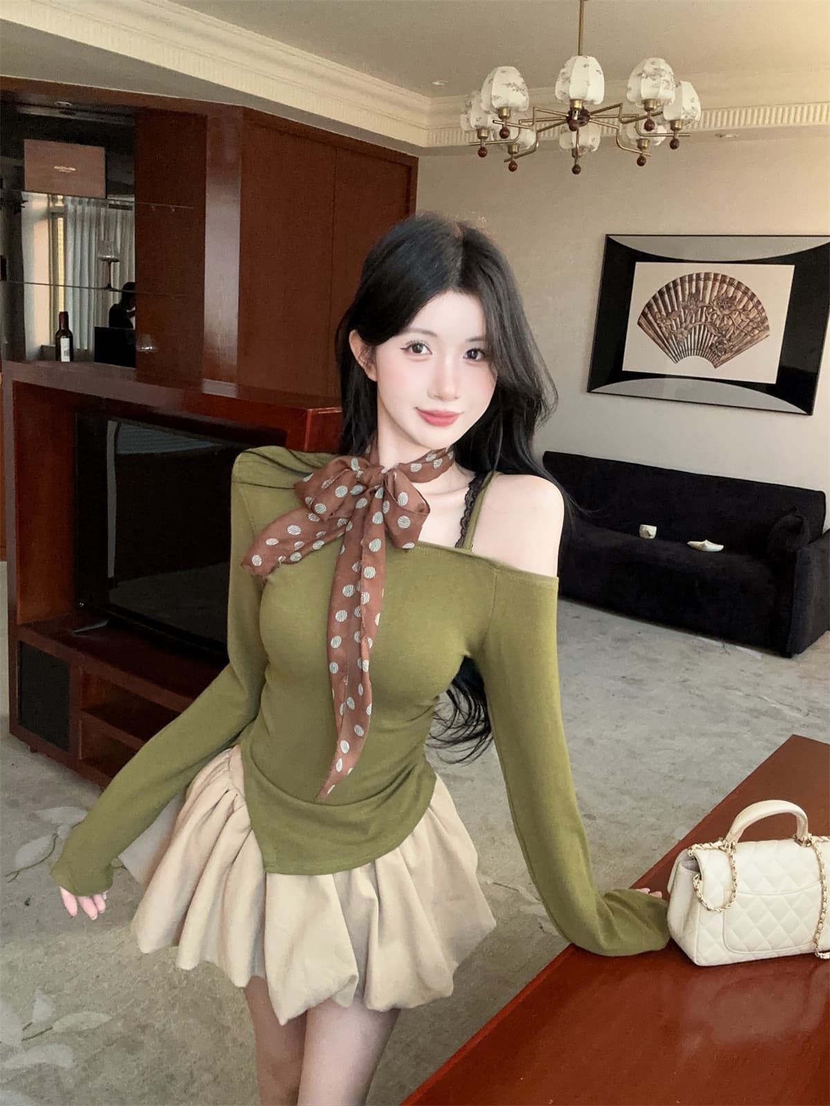 실사 정가 달콤함 도트 무늬 스카프 오프숄더 비스듬한 어깨 긴팔 양모 맨위 t 꽃밭 치마 여성 겨울 패션 세트 상세 이미지 11
