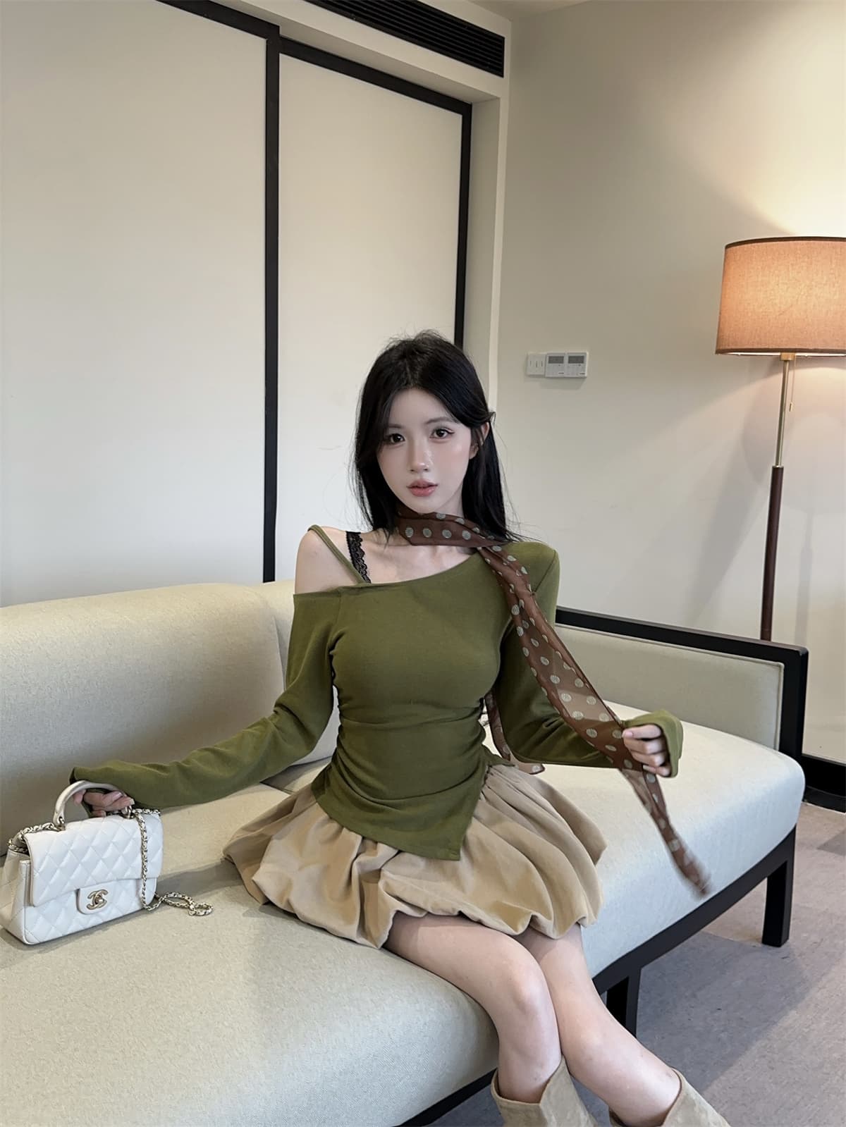 실사 정가 달콤함 도트 무늬 스카프 오프숄더 비스듬한 어깨 긴팔 양모 맨위 t 꽃밭 치마 여성 겨울 패션 세트 상세 이미지 12