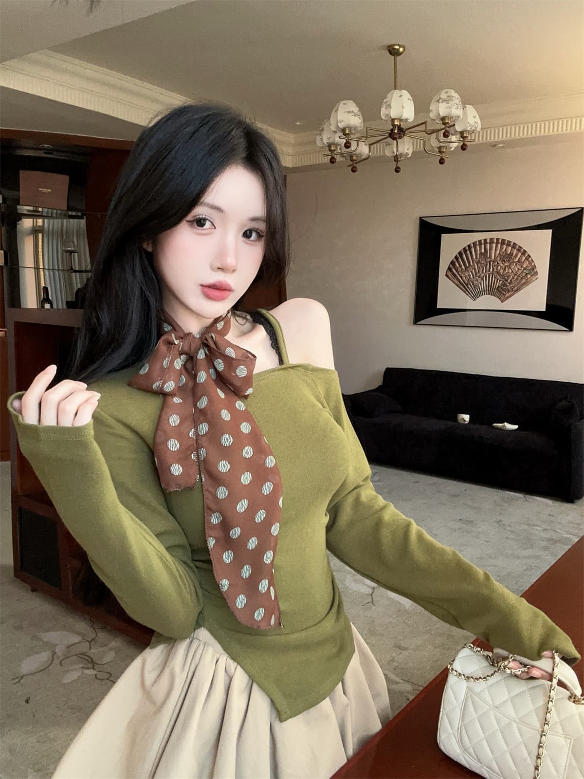 실사 정가 달콤함 도트 무늬 스카프 오프숄더 비스듬한 어깨 긴팔 양모 맨위 t 꽃밭 치마 여성 겨울 패션 세트 상세 이미지 13