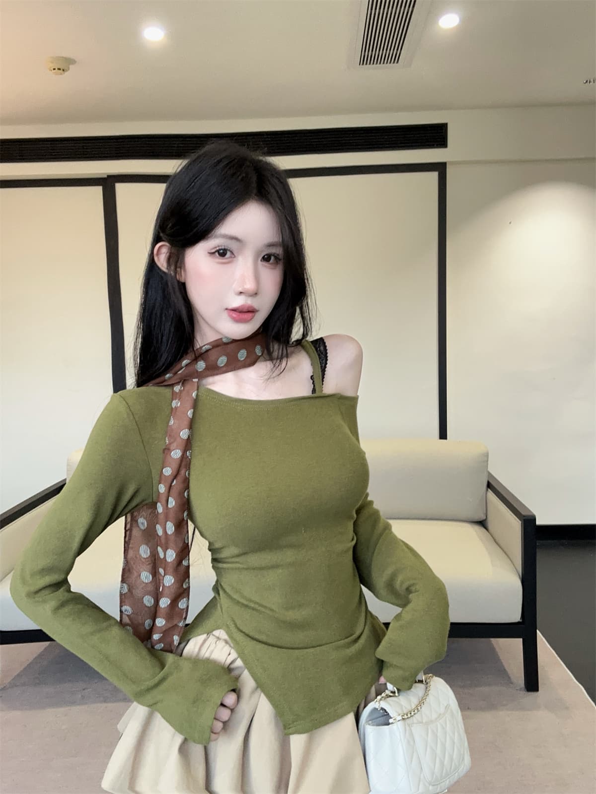 실사 정가 달콤함 도트 무늬 스카프 오프숄더 비스듬한 어깨 긴팔 양모 맨위 t 꽃밭 치마 여성 겨울 패션 세트 상세 이미지 14