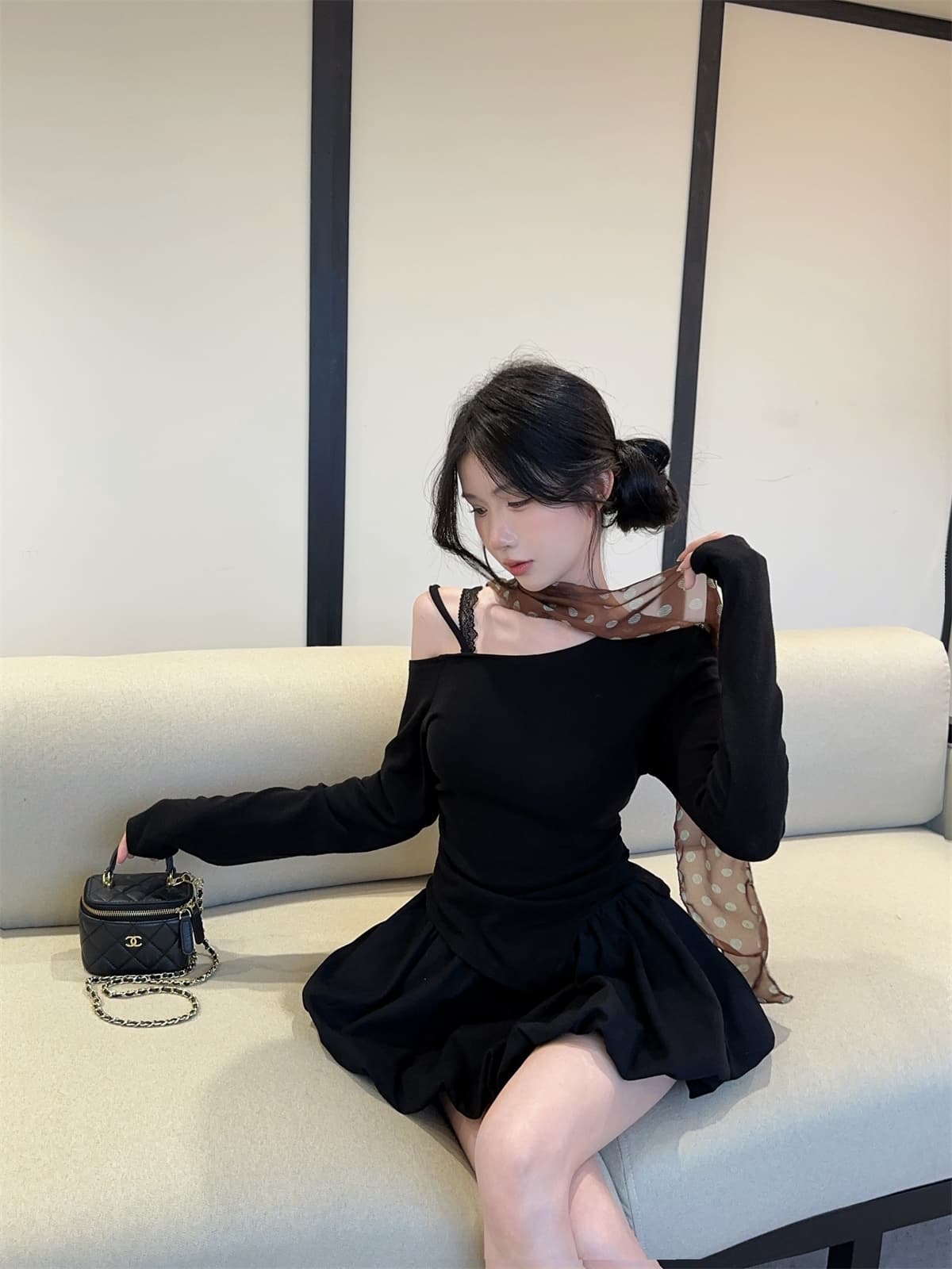 실사 정가 달콤함 도트 무늬 스카프 오프숄더 비스듬한 어깨 긴팔 양모 맨위 t 꽃밭 치마 여성 겨울 패션 세트 상세 이미지 23
