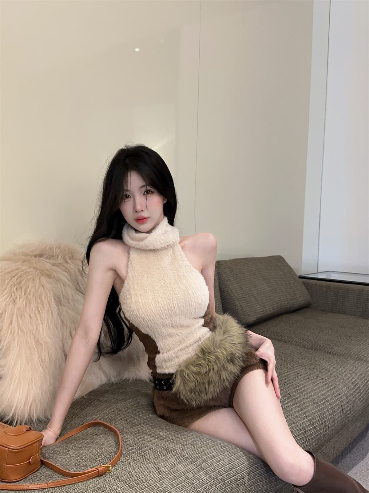실사 정가 배색 터틀넥 행침 목 a4 허리 순수한 욕망 니트 조끼 플리스 패치워크 반바지 세트 여성 겨울 상세 이미지 3