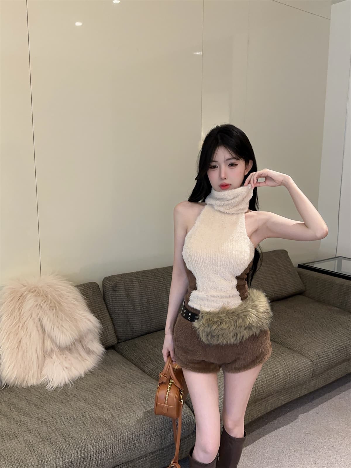 실사 정가 배색 터틀넥 행침 목 a4 허리 순수한 욕망 니트 조끼 플리스 패치워크 반바지 세트 여성 겨울 상세 이미지 6