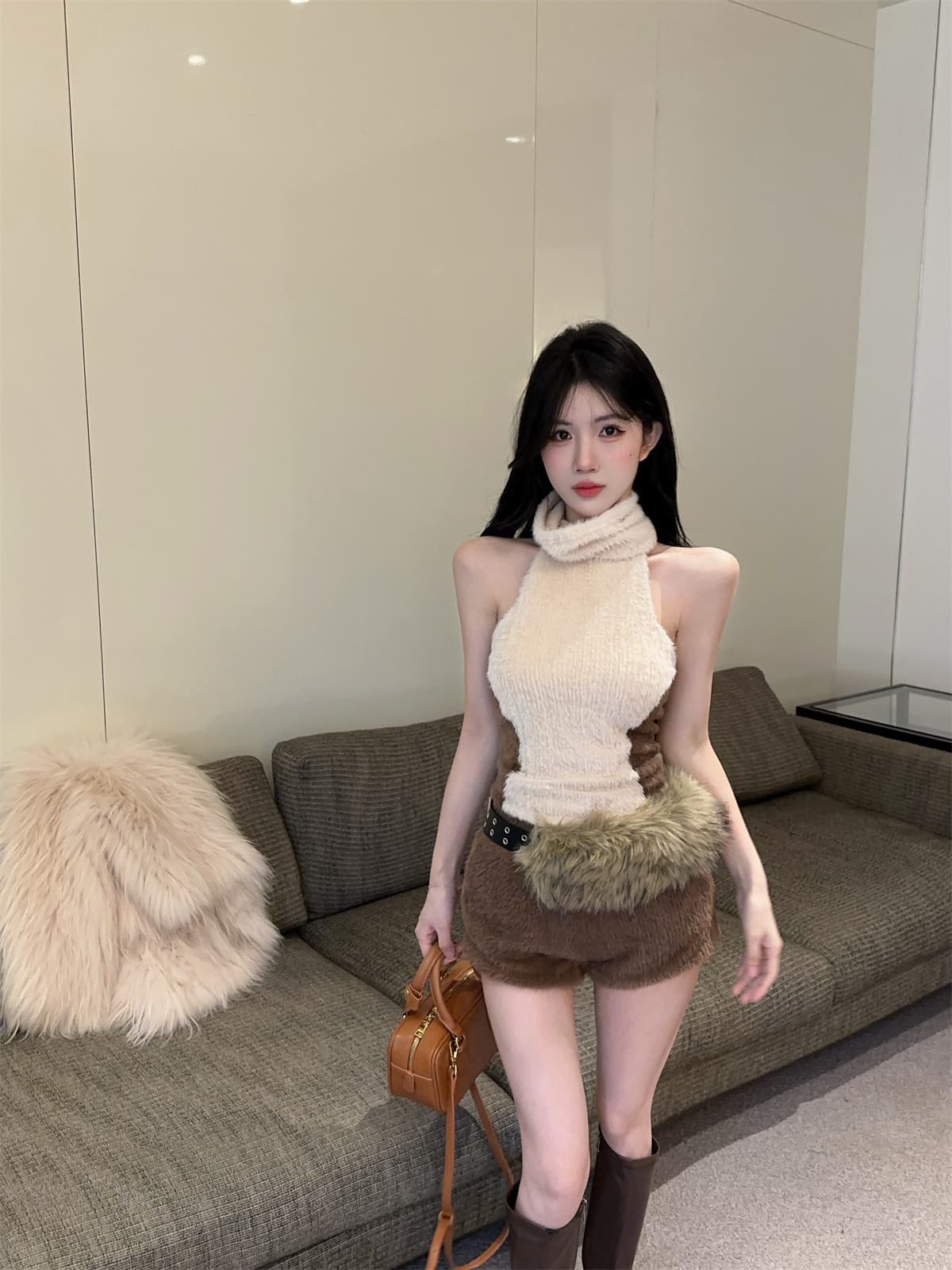 실사 정가 배색 터틀넥 행침 목 a4 허리 순수한 욕망 니트 조끼 플리스 패치워크 반바지 세트 여성 겨울 상세 이미지 9