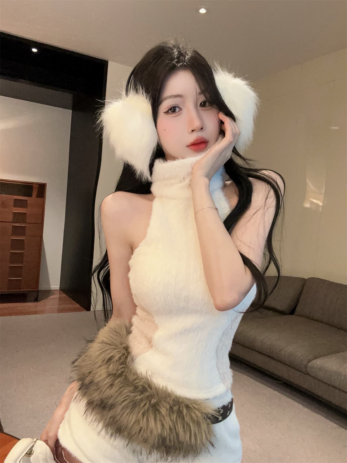 실사 정가 배색 터틀넥 행침 목 a4 허리 순수한 욕망 니트 조끼 플리스 패치워크 반바지 세트 여성 겨울 상세 이미지 17