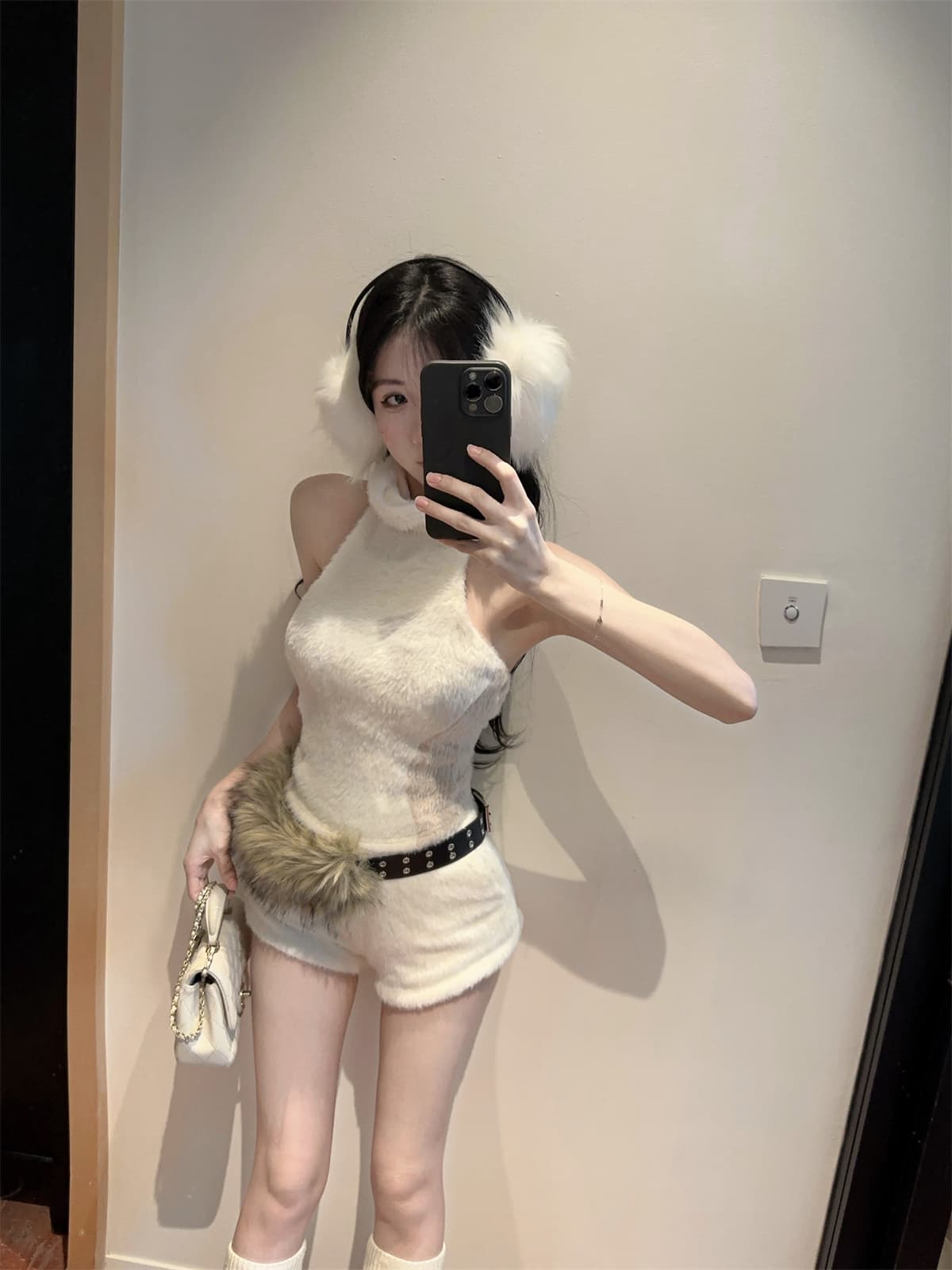 실사 정가 배색 터틀넥 행침 목 a4 허리 순수한 욕망 니트 조끼 플리스 패치워크 반바지 세트 여성 겨울 상세 이미지 18