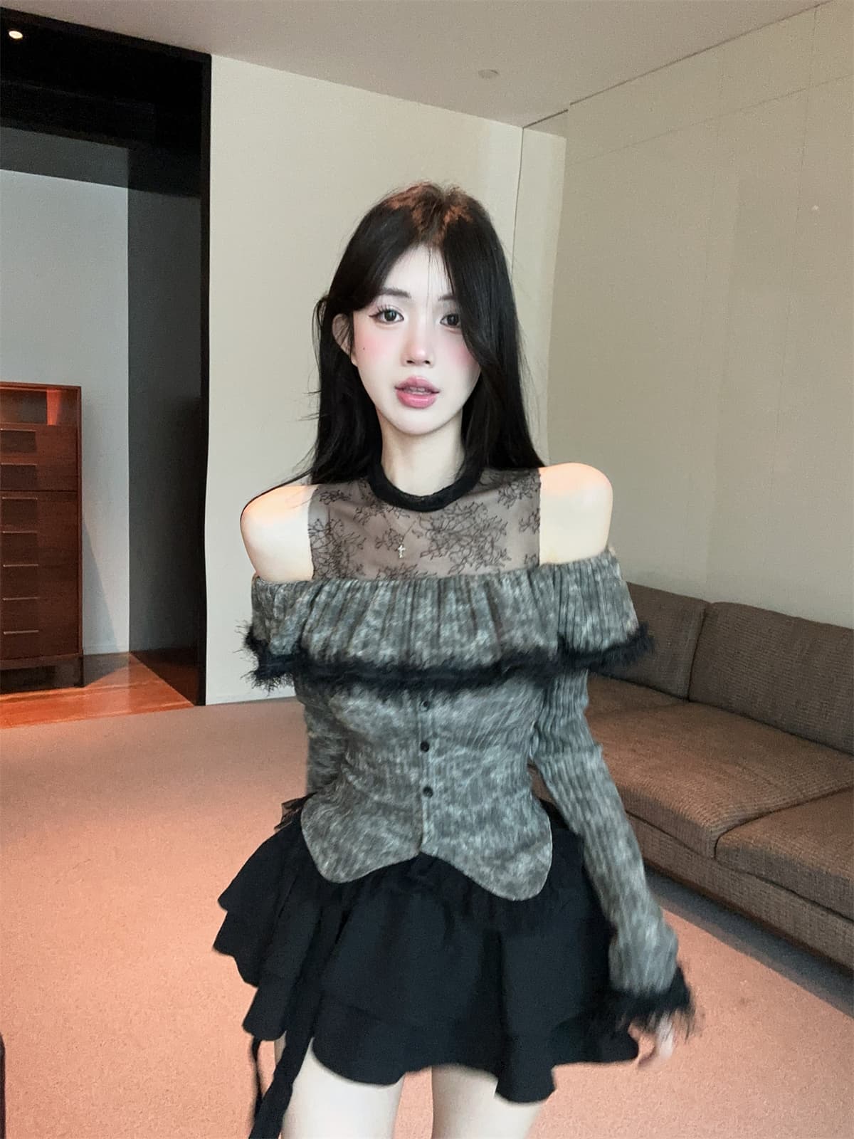 실사 정가 순수한 욕망 중 고풍 술 모피 레이스 조각 오프숄더 맨위 한 마디 치마 세트 여성 겨울 상세 이미지 11