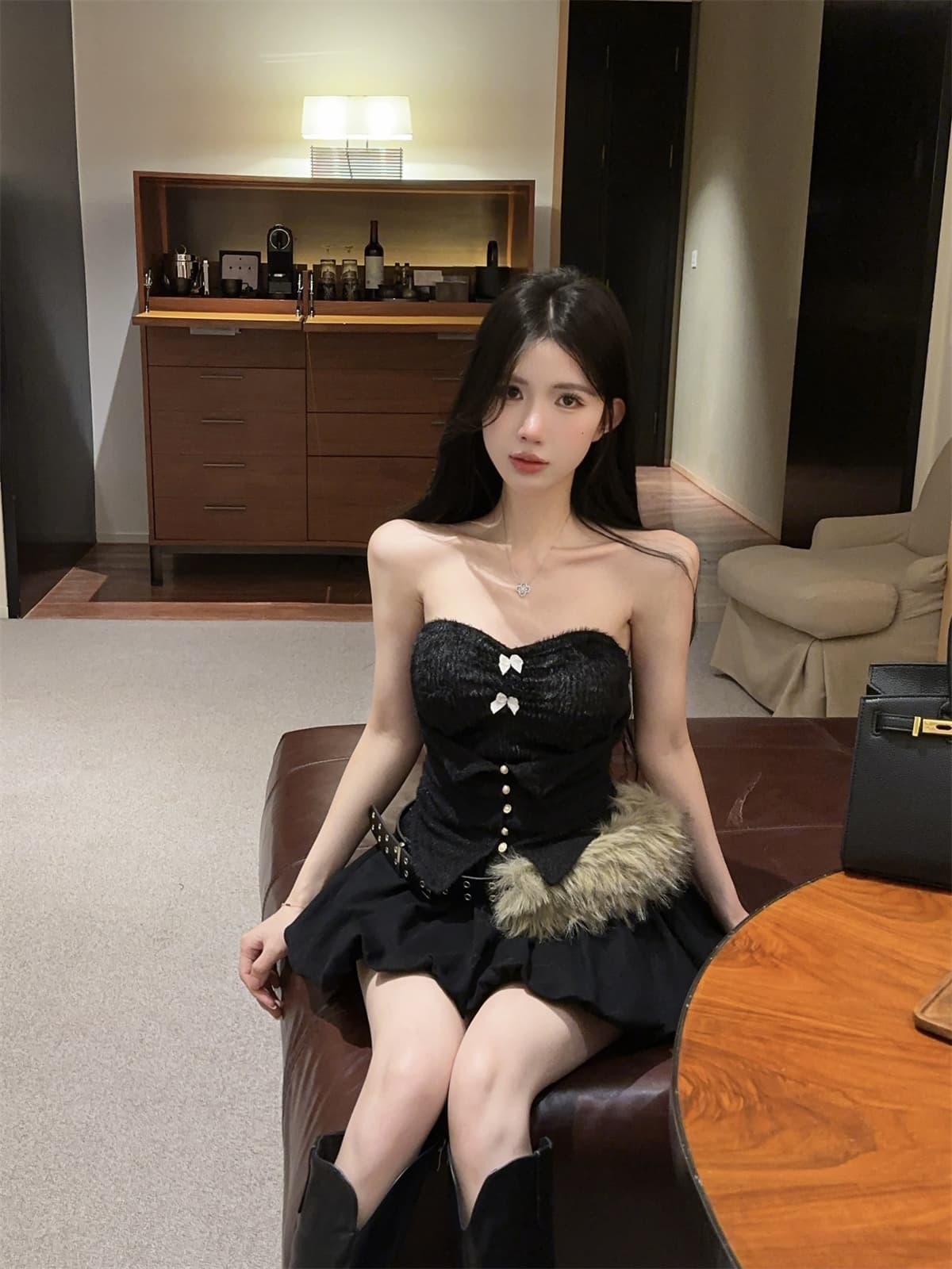 실사 정가 순수한 욕망 달콤한 매운맛 허리 수축 나비 매듭 튜브탑 맨위 모피 벨트 퍼프 치마 세트 여성 겨울 상세 이미지 6