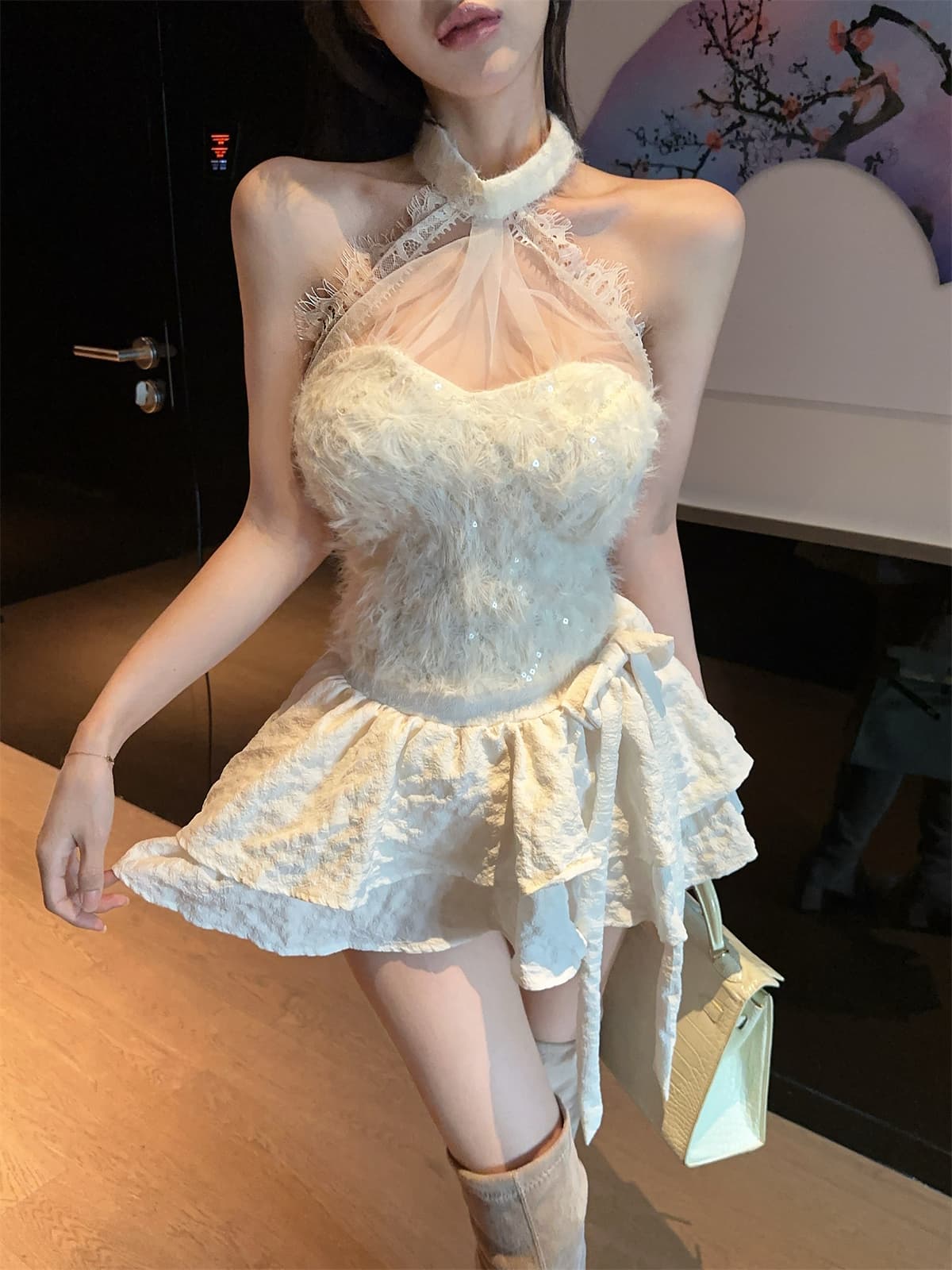 실사 정가 순수한 욕망 망사 행침 목 싸움 스팽글 모피 짧은 맨위 케이크 치마바지 여성 가을 달콤함 세트 상세 이미지 1