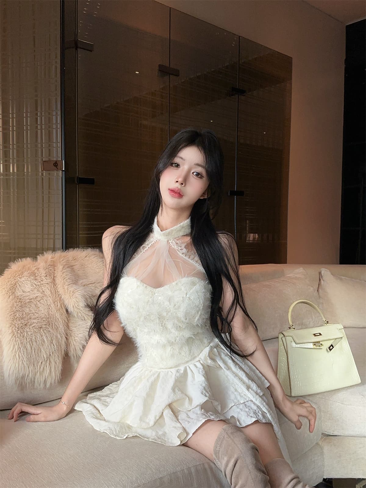 실사 정가 순수한 욕망 망사 행침 목 싸움 스팽글 모피 짧은 맨위 케이크 치마바지 여성 가을 달콤함 세트 상세 이미지 4