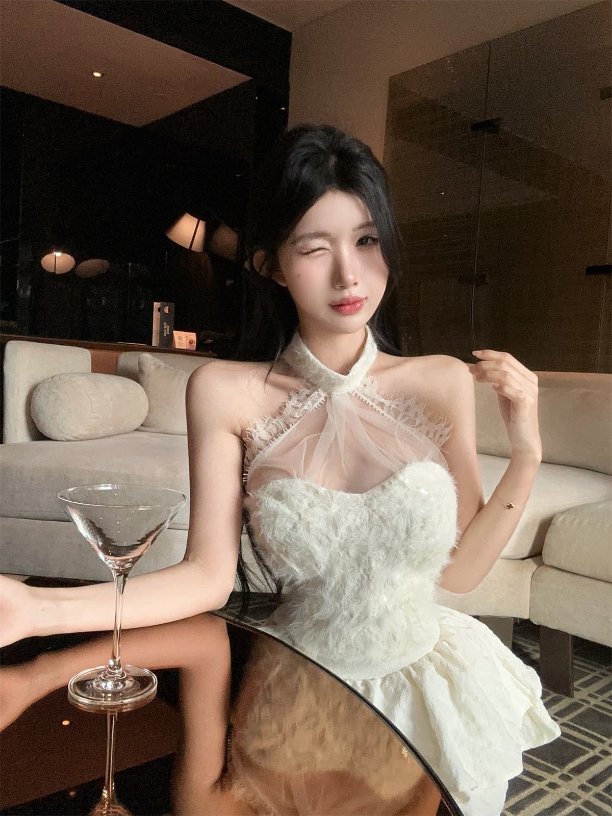 실사 정가 순수한 욕망 망사 행침 목 싸움 스팽글 모피 짧은 맨위 케이크 치마바지 여성 가을 달콤함 세트 상세 이미지 8