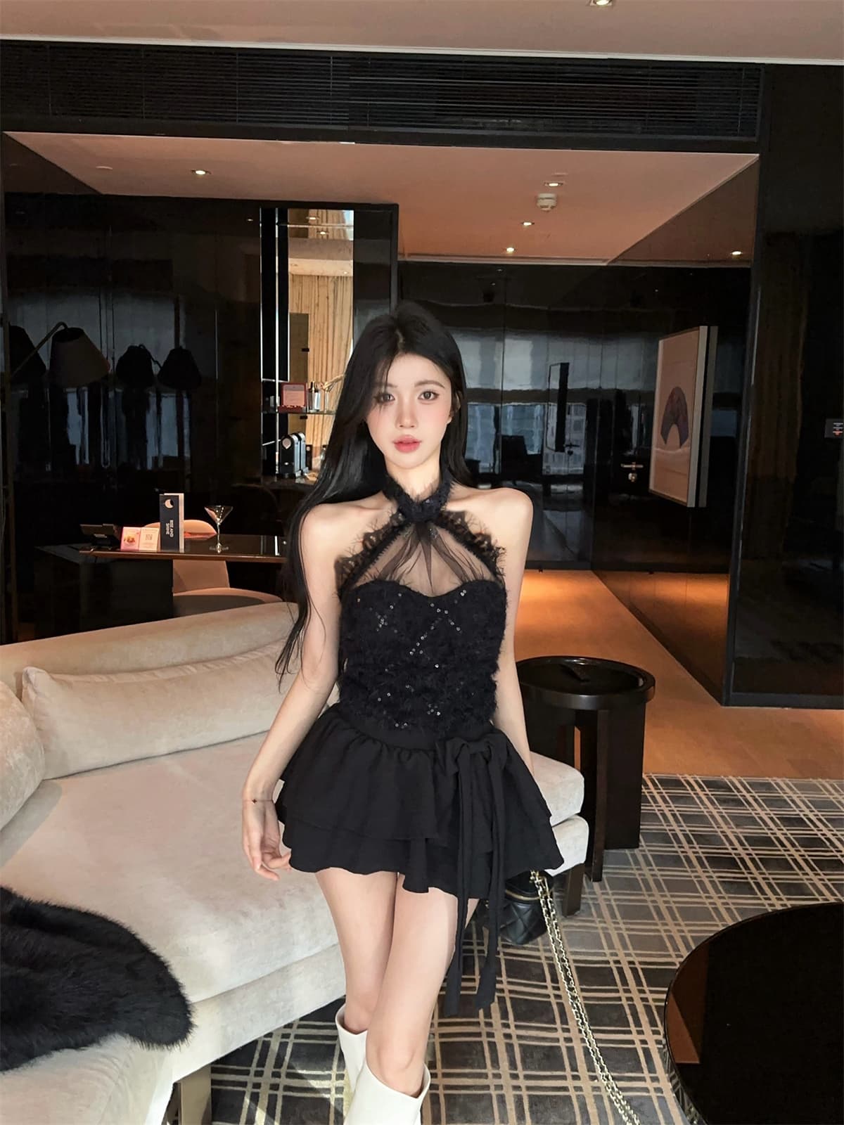 실사 정가 순수한 욕망 망사 행침 목 싸움 스팽글 모피 짧은 맨위 케이크 치마바지 여성 가을 달콤함 세트 상세 이미지 9