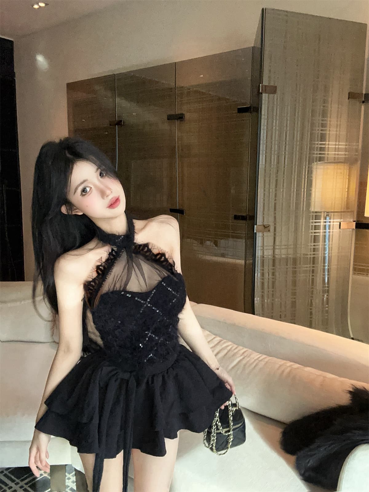 실사 정가 순수한 욕망 망사 행침 목 싸움 스팽글 모피 짧은 맨위 케이크 치마바지 여성 가을 달콤함 세트 상세 이미지 10