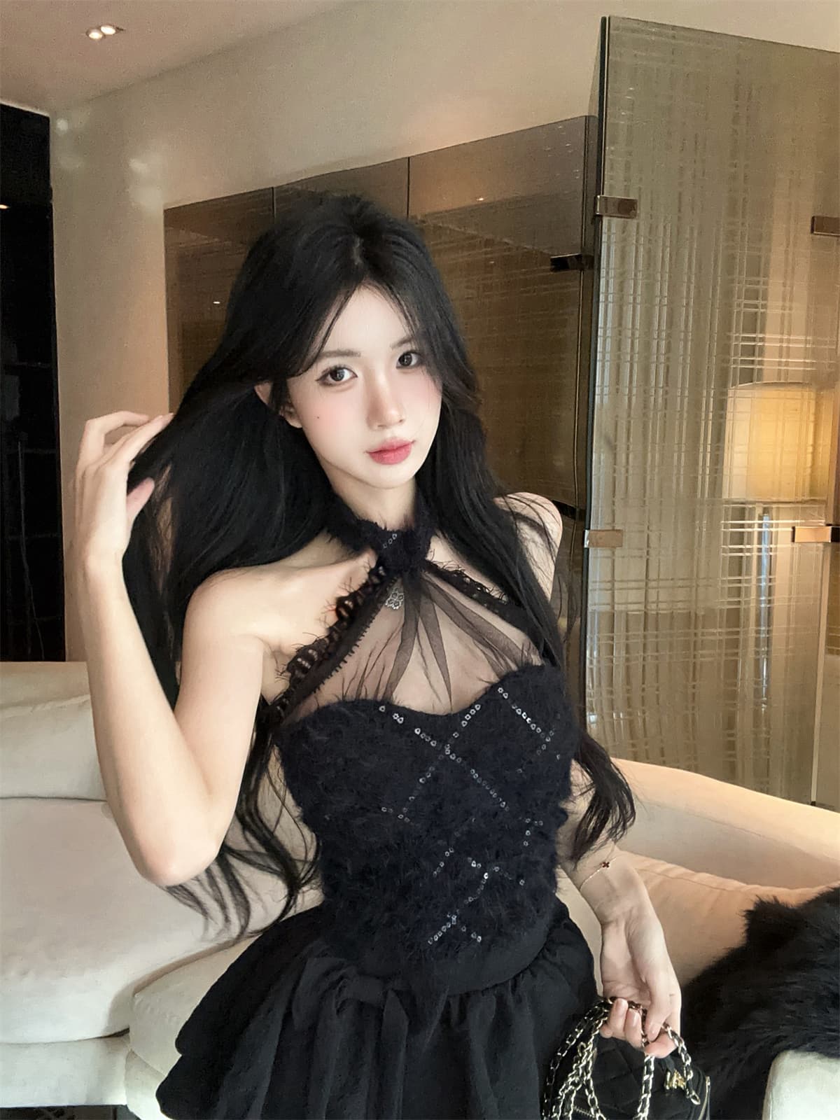 실사 정가 순수한 욕망 망사 행침 목 싸움 스팽글 모피 짧은 맨위 케이크 치마바지 여성 가을 달콤함 세트 상세 이미지 12