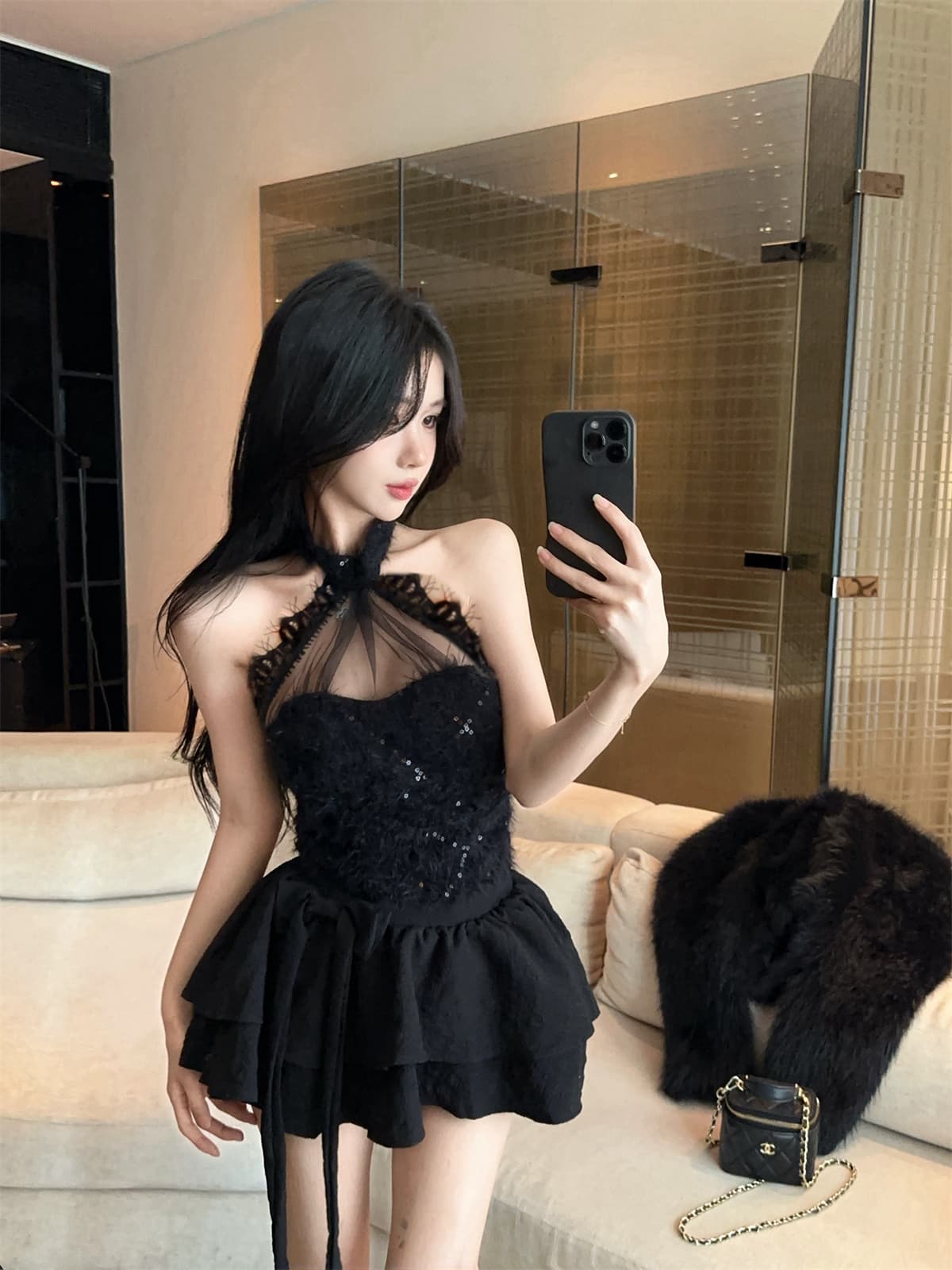 실사 정가 순수한 욕망 망사 행침 목 싸움 스팽글 모피 짧은 맨위 케이크 치마바지 여성 가을 달콤함 세트 상세 이미지 14