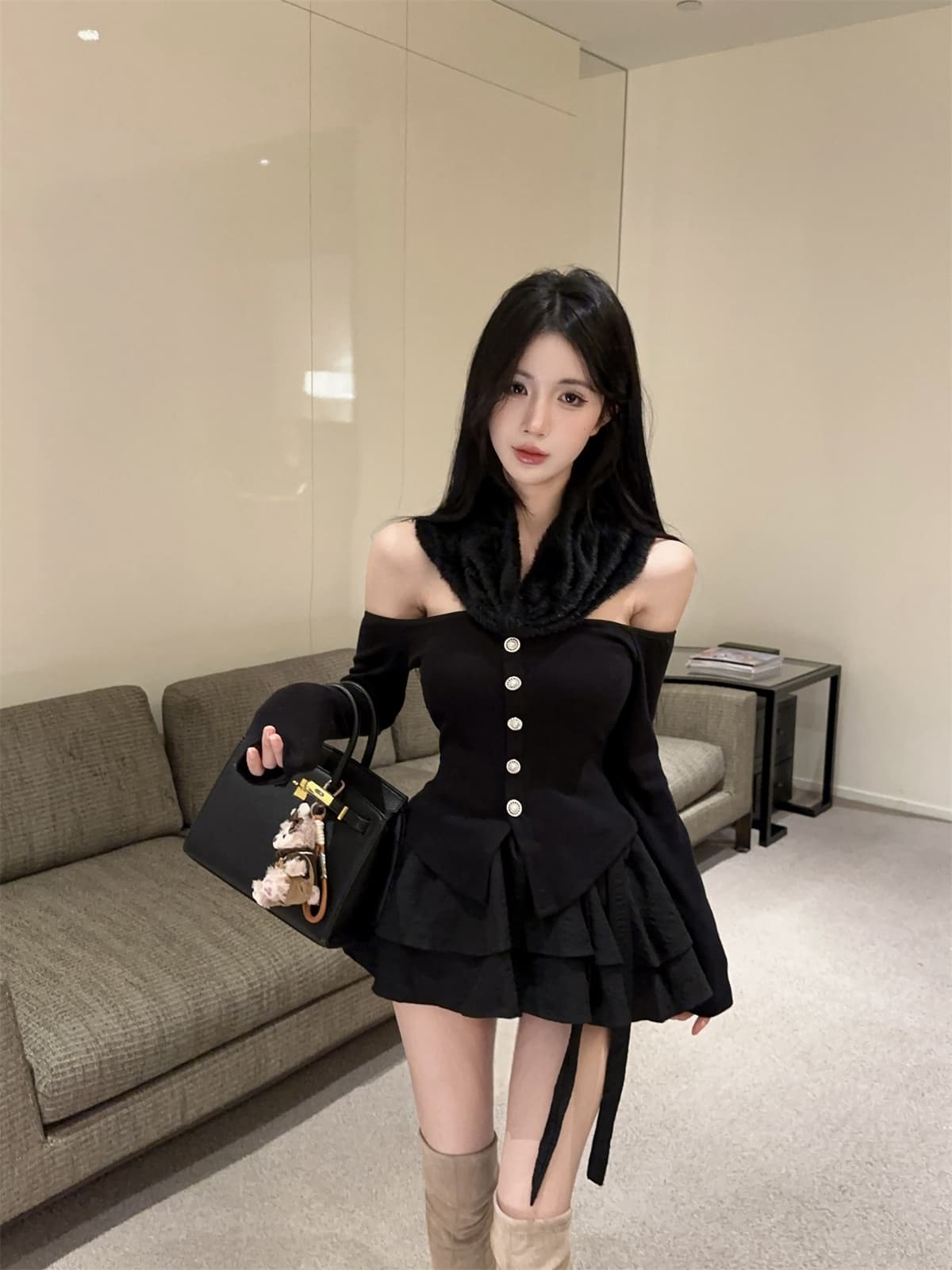 실사 정가 순수한 욕망 오프숄더 플리스 플러시 디자인 센스 달콤한 매운맛 맨위 나비 매듭 퍼프 스커트 여성 겨울 세트 상세 이미지 15