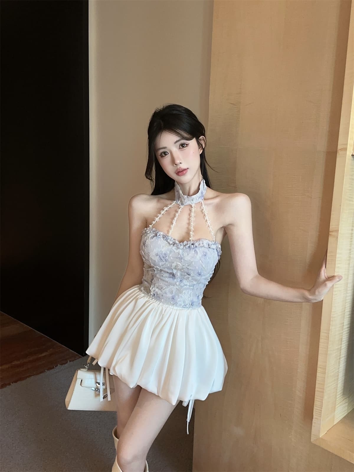 실사 정가 부드러운 순수한 욕망 바람 프릴 자수 비즈 박기 행침 목 오프숄더 맨위 꽃밭 치마 세트 여성 상세 이미지 5