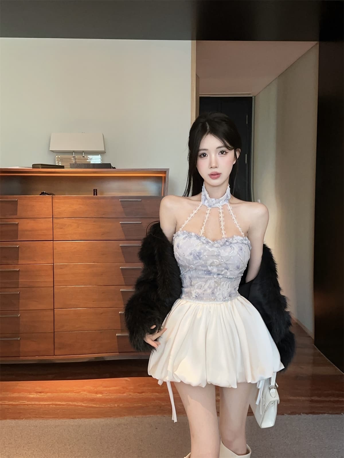 실사 정가 부드러운 순수한 욕망 바람 프릴 자수 비즈 박기 행침 목 오프숄더 맨위 꽃밭 치마 세트 여성 상세 이미지 6