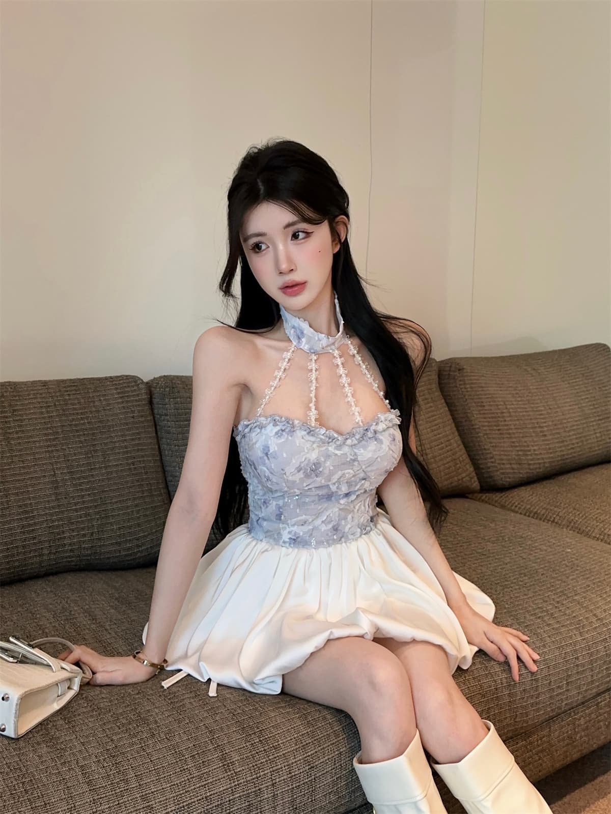 실사 정가 부드러운 순수한 욕망 바람 프릴 자수 비즈 박기 행침 목 오프숄더 맨위 꽃밭 치마 세트 여성 상세 이미지 8