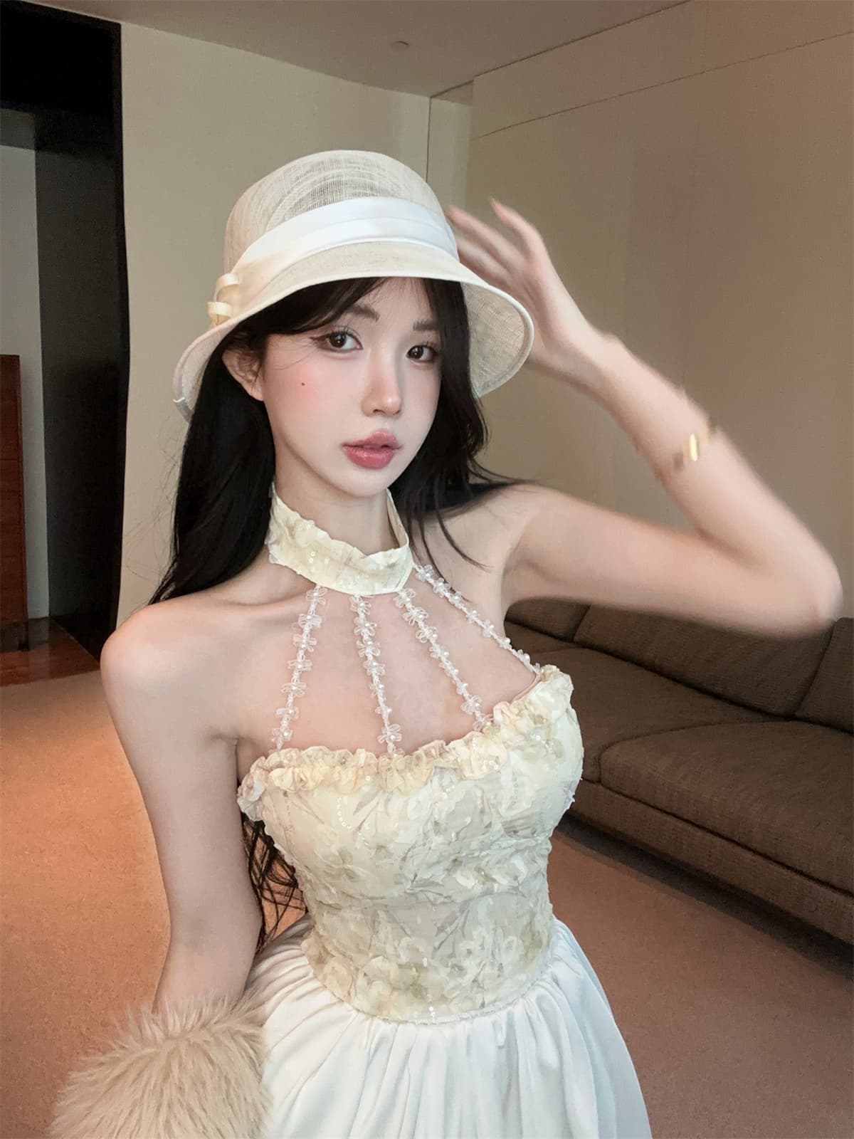 실사 정가 부드러운 순수한 욕망 바람 프릴 자수 비즈 박기 행침 목 오프숄더 맨위 꽃밭 치마 세트 여성 상세 이미지 9