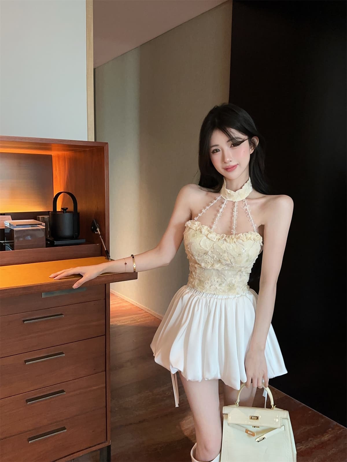 실사 정가 부드러운 순수한 욕망 바람 프릴 자수 비즈 박기 행침 목 오프숄더 맨위 꽃밭 치마 세트 여성 상세 이미지 12