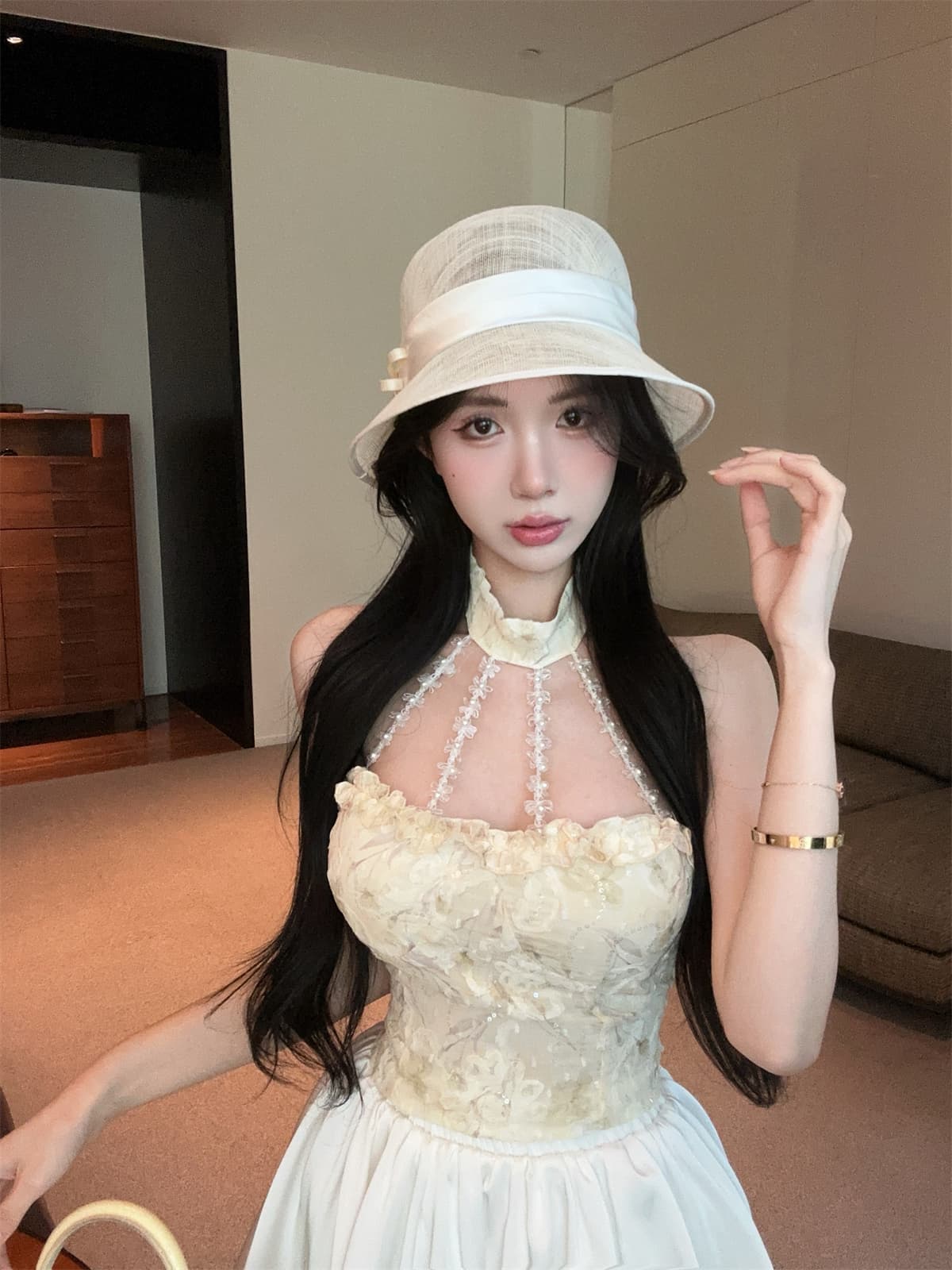 실사 정가 부드러운 순수한 욕망 바람 프릴 자수 비즈 박기 행침 목 오프숄더 맨위 꽃밭 치마 세트 여성 상세 이미지 16