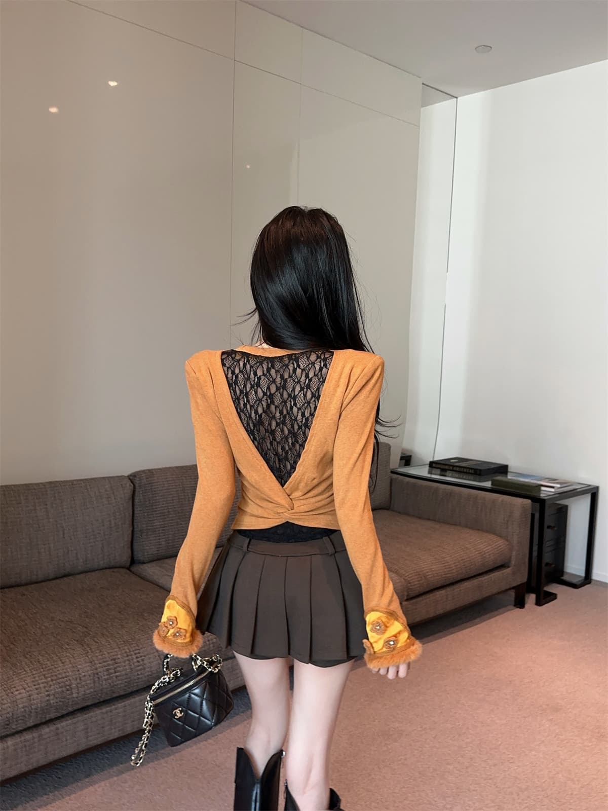 실사 정가 달콤한 매운맛 절묘한 철자 레이스 백리스 페이크 레이어드 맨위 플리츠 플러시 표면 반 스커트 여성 겨울 세트 상세 이미지 11