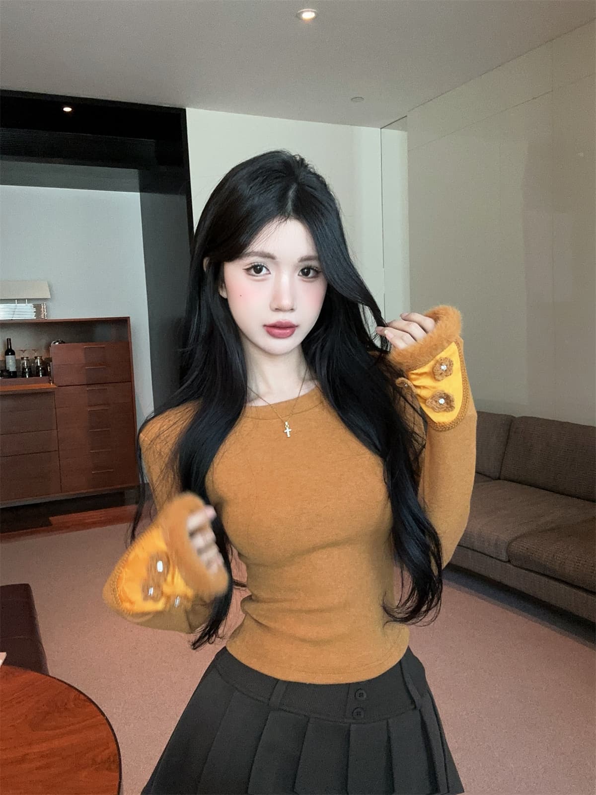 실사 정가 달콤한 매운맛 절묘한 철자 레이스 백리스 페이크 레이어드 맨위 플리츠 플러시 표면 반 스커트 여성 겨울 세트 상세 이미지 15