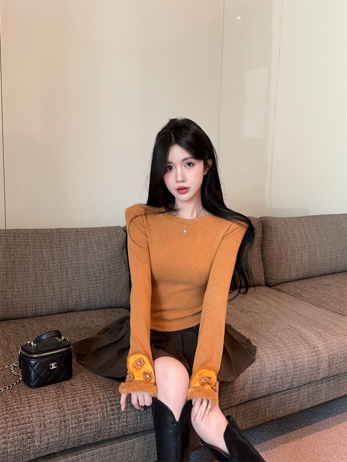 실사 정가 달콤한 매운맛 절묘한 철자 레이스 백리스 페이크 레이어드 맨위 플리츠 플러시 표면 반 스커트 여성 겨울 세트 상세 이미지 16