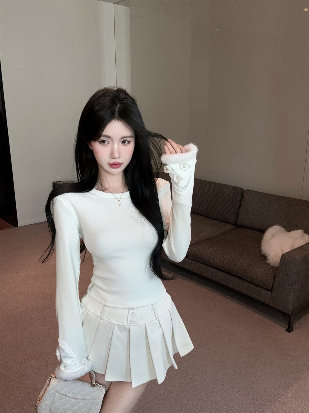 실사 정가 달콤한 매운맛 절묘한 철자 레이스 백리스 페이크 레이어드 맨위 플리츠 플러시 표면 반 스커트 여성 겨울 세트 상세 이미지 22