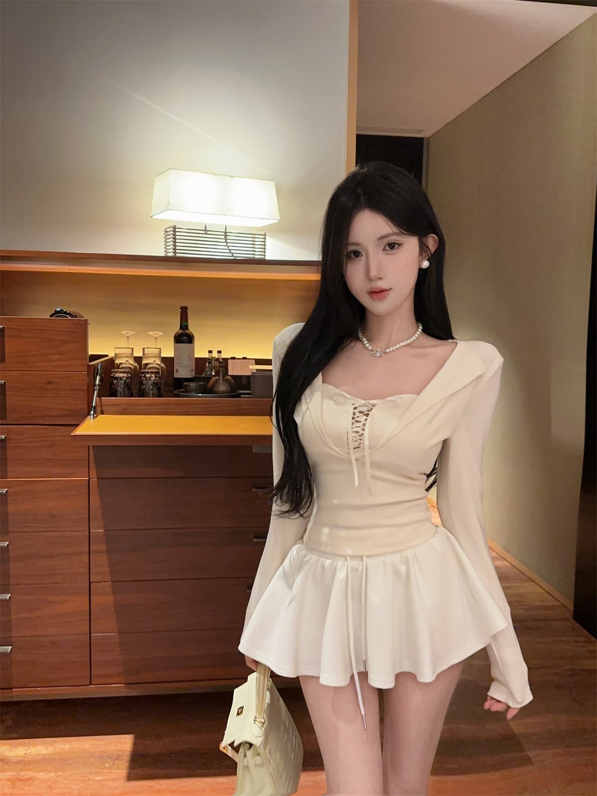 실사 정가 순수한 욕망 v 종류 디자인 센스 스트랩 몸매 가꾸기 긴팔 페이크 레이어드 맨위 퍼프 미니 스커트 여성복 상세 이미지 6