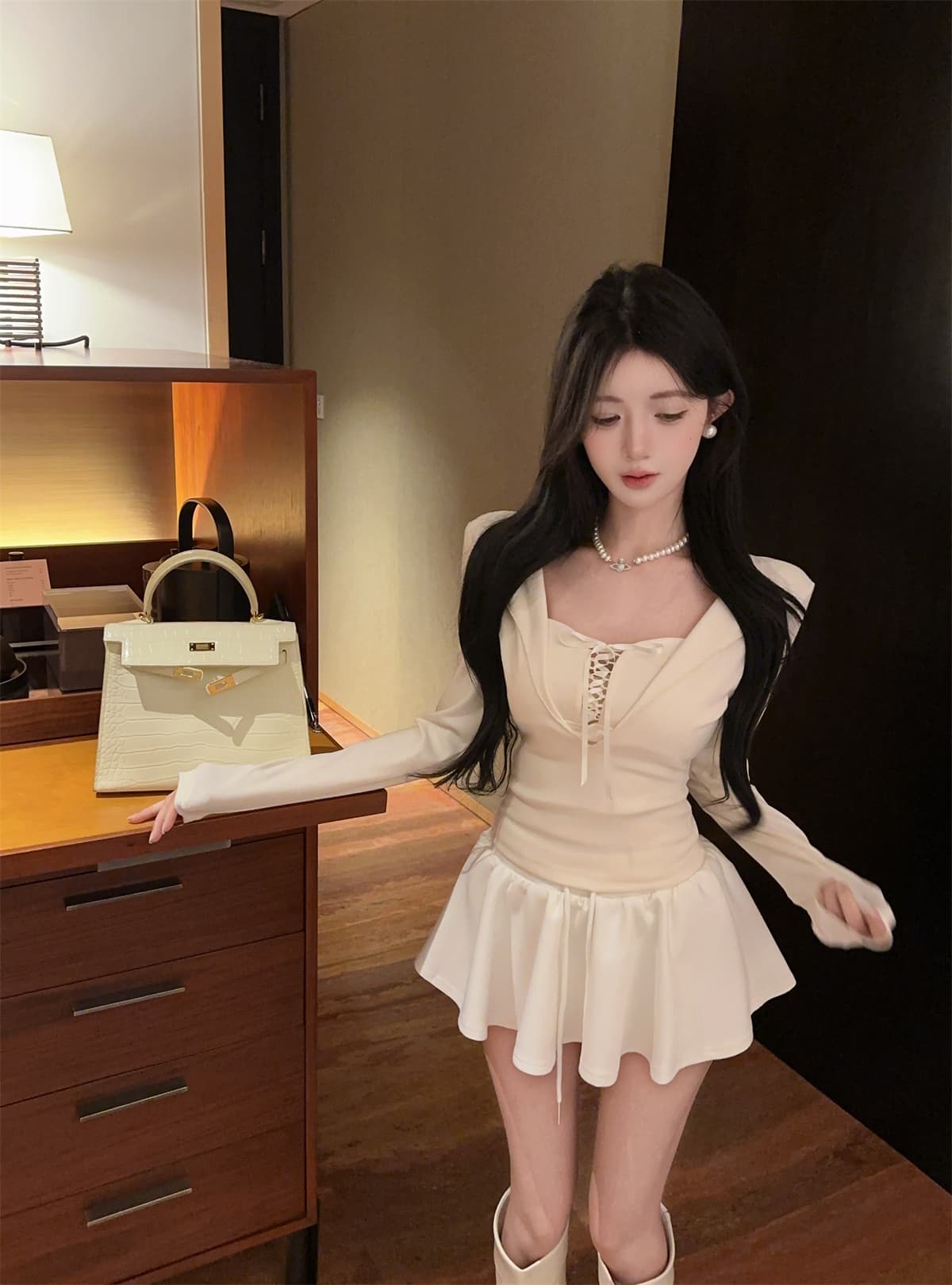 실사 정가 순수한 욕망 v 종류 디자인 센스 스트랩 몸매 가꾸기 긴팔 페이크 레이어드 맨위 퍼프 미니 스커트 여성복 상세 이미지 8