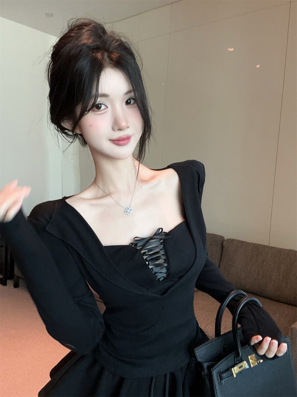 실사 정가 순수한 욕망 v 종류 디자인 센스 스트랩 몸매 가꾸기 긴팔 페이크 레이어드 맨위 퍼프 미니 스커트 여성복 상세 이미지 14
