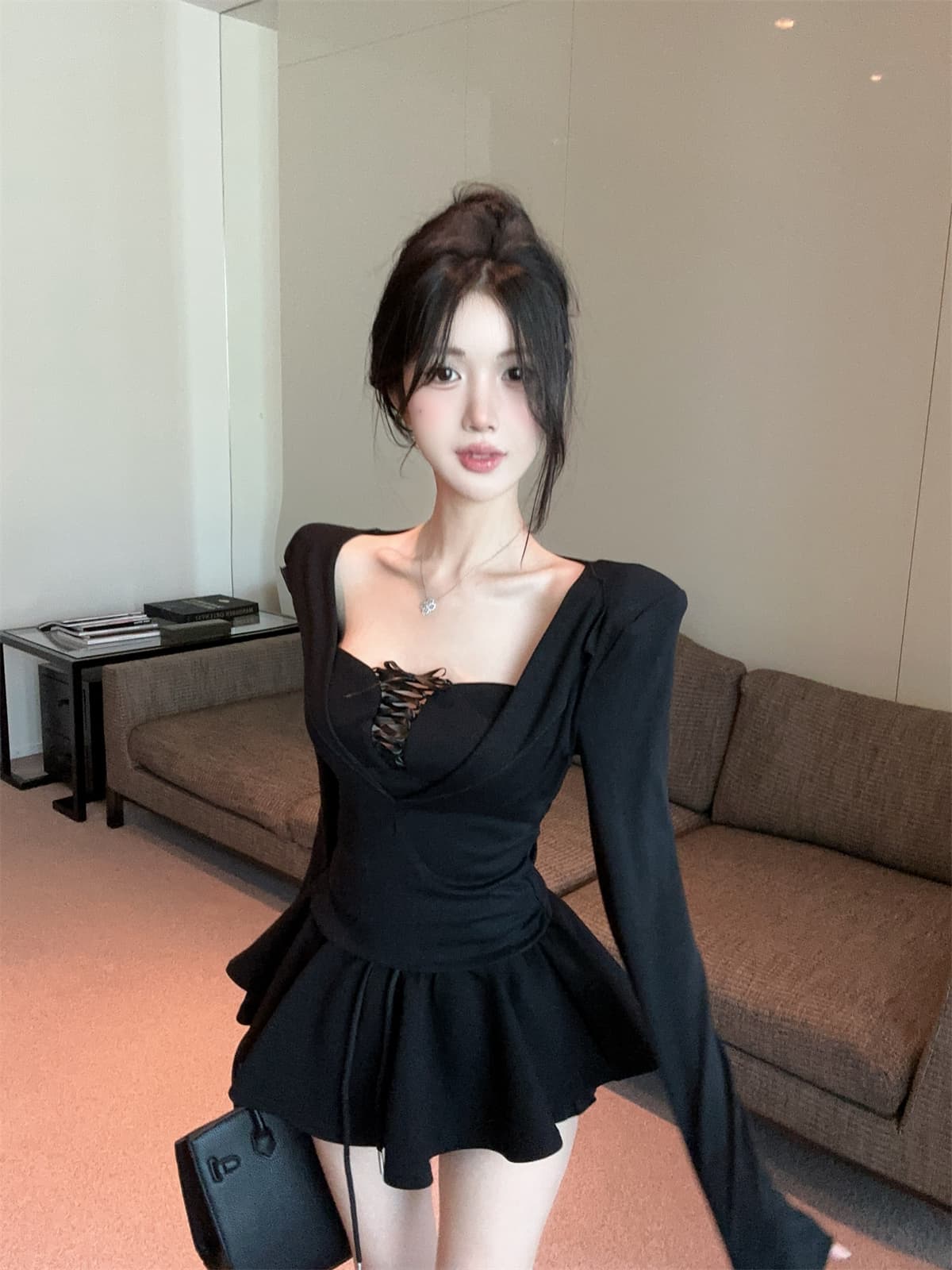 실사 정가 순수한 욕망 v 종류 디자인 센스 스트랩 몸매 가꾸기 긴팔 페이크 레이어드 맨위 퍼프 미니 스커트 여성복 상세 이미지 15