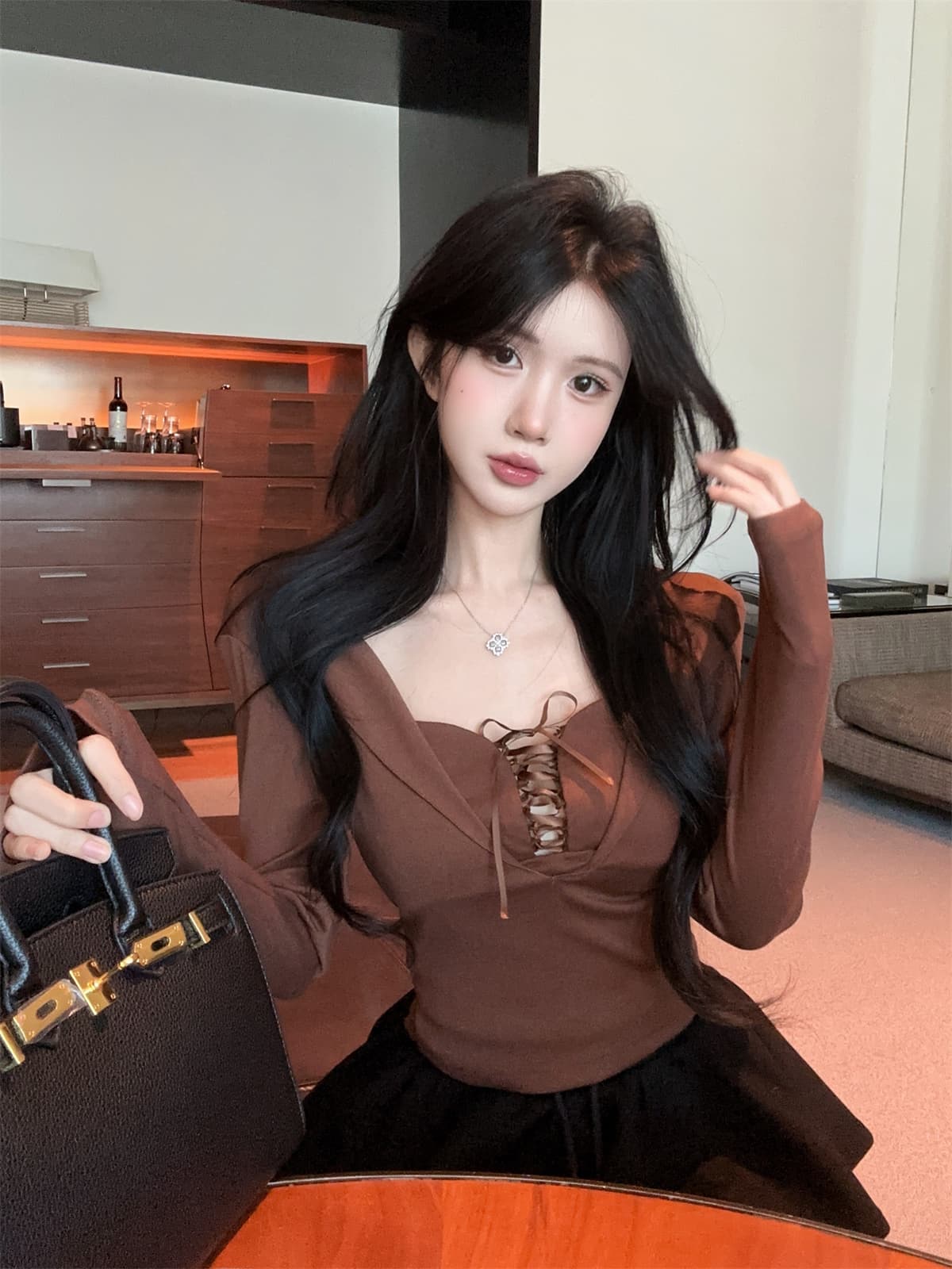 실사 정가 순수한 욕망 v 종류 디자인 센스 스트랩 몸매 가꾸기 긴팔 페이크 레이어드 맨위 퍼프 미니 스커트 여성복 상세 이미지 20