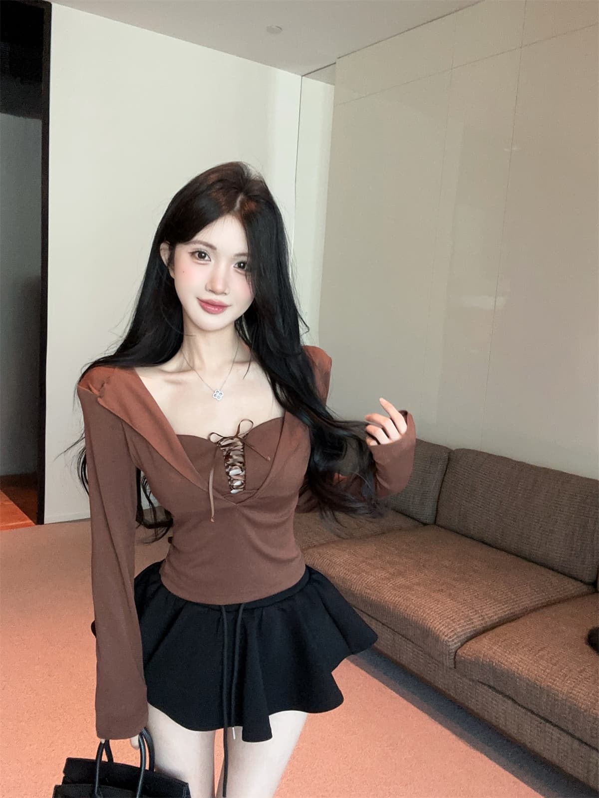 실사 정가 순수한 욕망 v 종류 디자인 센스 스트랩 몸매 가꾸기 긴팔 페이크 레이어드 맨위 퍼프 미니 스커트 여성복 상세 이미지 21