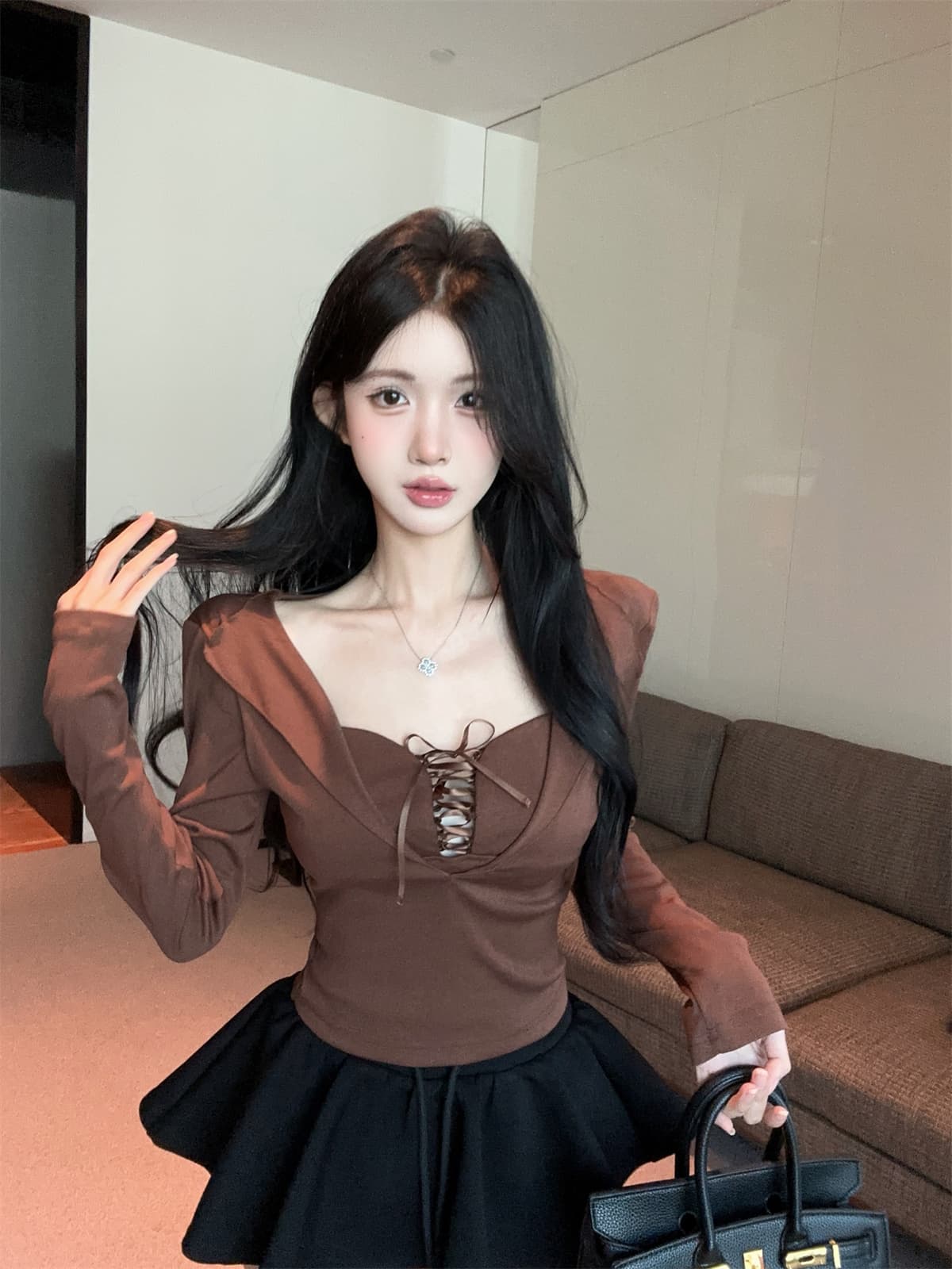 실사 정가 순수한 욕망 v 종류 디자인 센스 스트랩 몸매 가꾸기 긴팔 페이크 레이어드 맨위 퍼프 미니 스커트 여성복 상세 이미지 23
