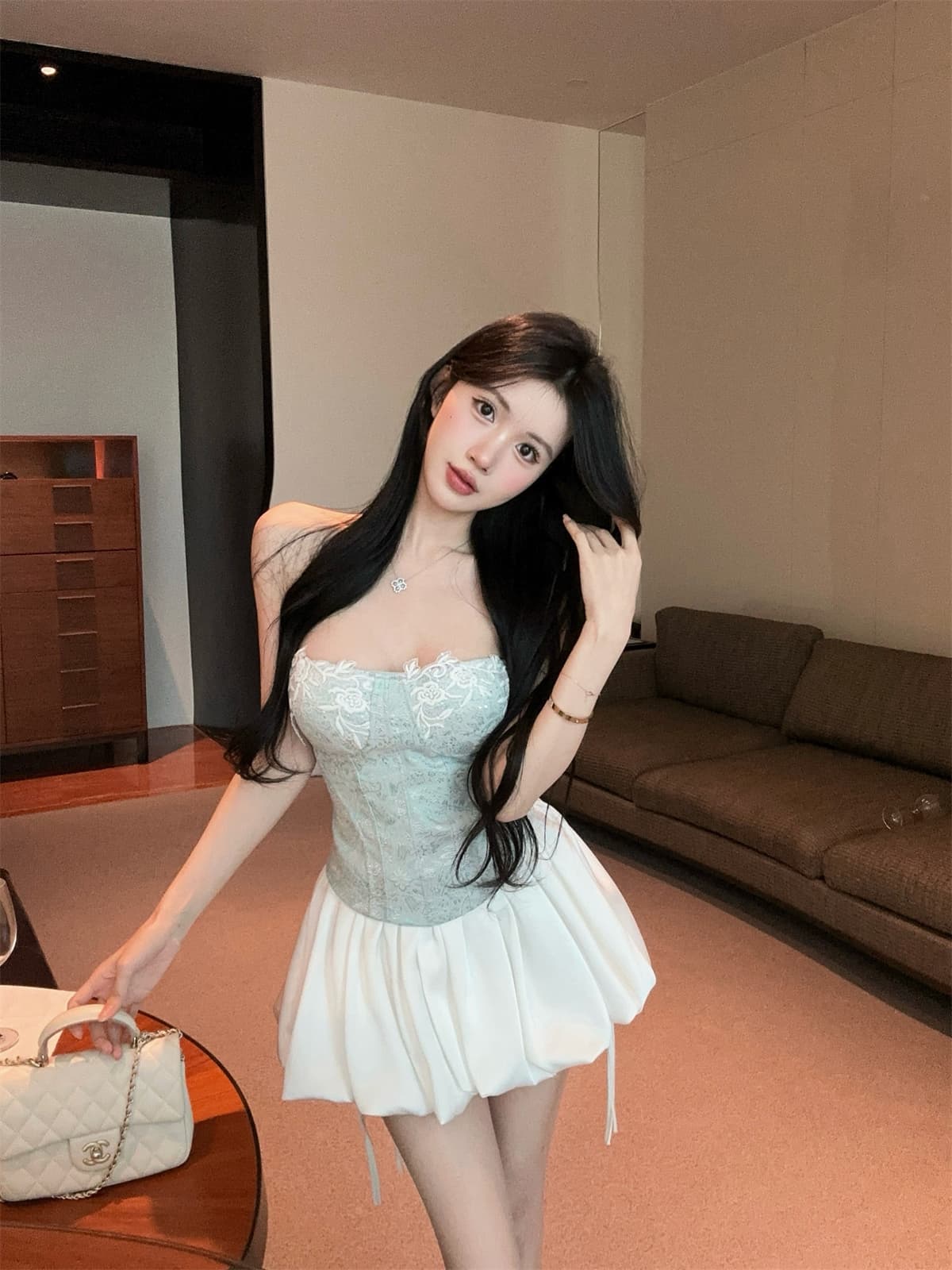 실사 정가 순수한 욕망 달콤함 레이스 꽃 자카드 허리 튜브탑 맨위 새틴 퍼프 치마 세트 여성 봄 상세 이미지 9