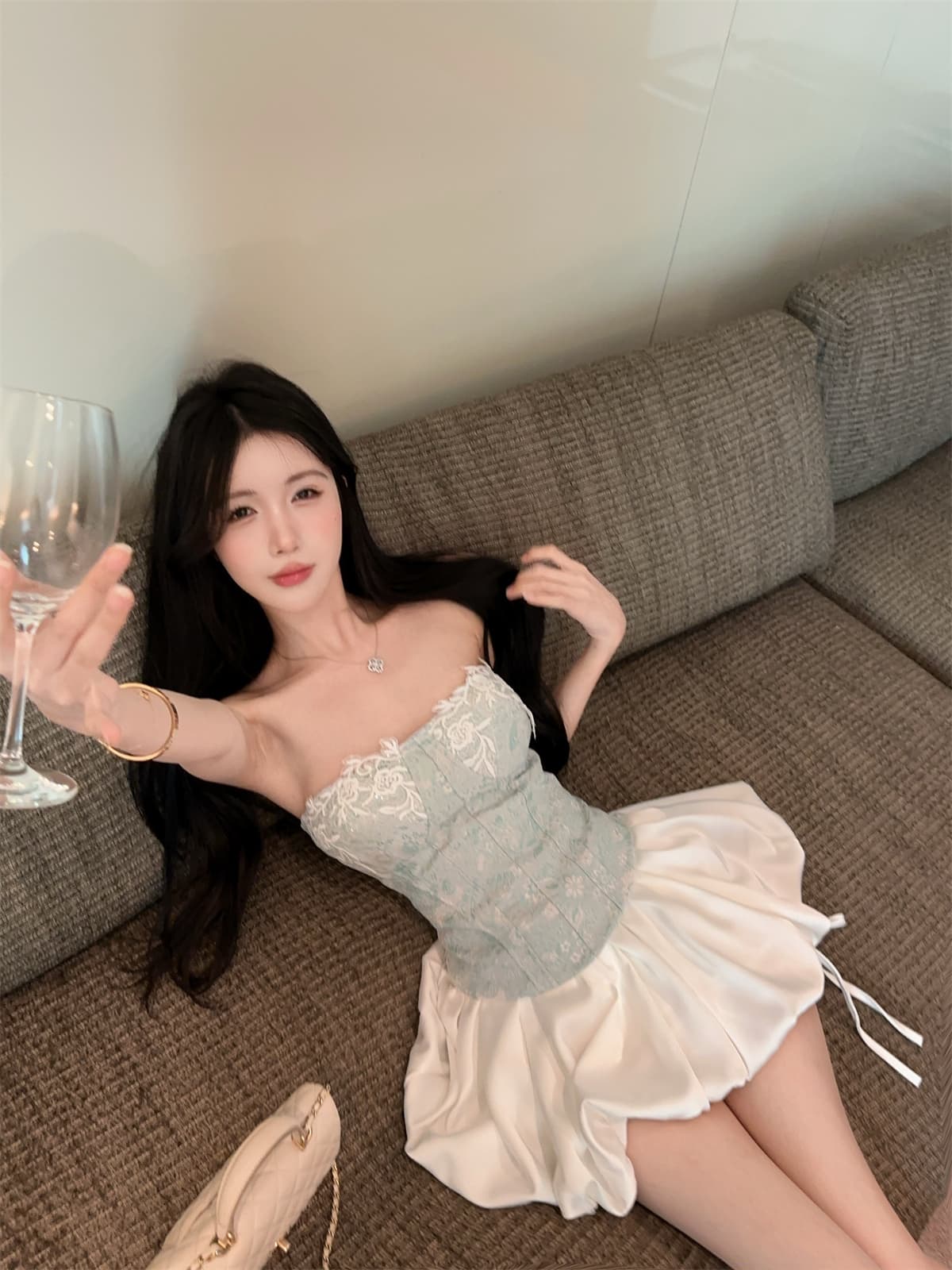 실사 정가 순수한 욕망 달콤함 레이스 꽃 자카드 허리 튜브탑 맨위 새틴 퍼프 치마 세트 여성 봄 상세 이미지 14