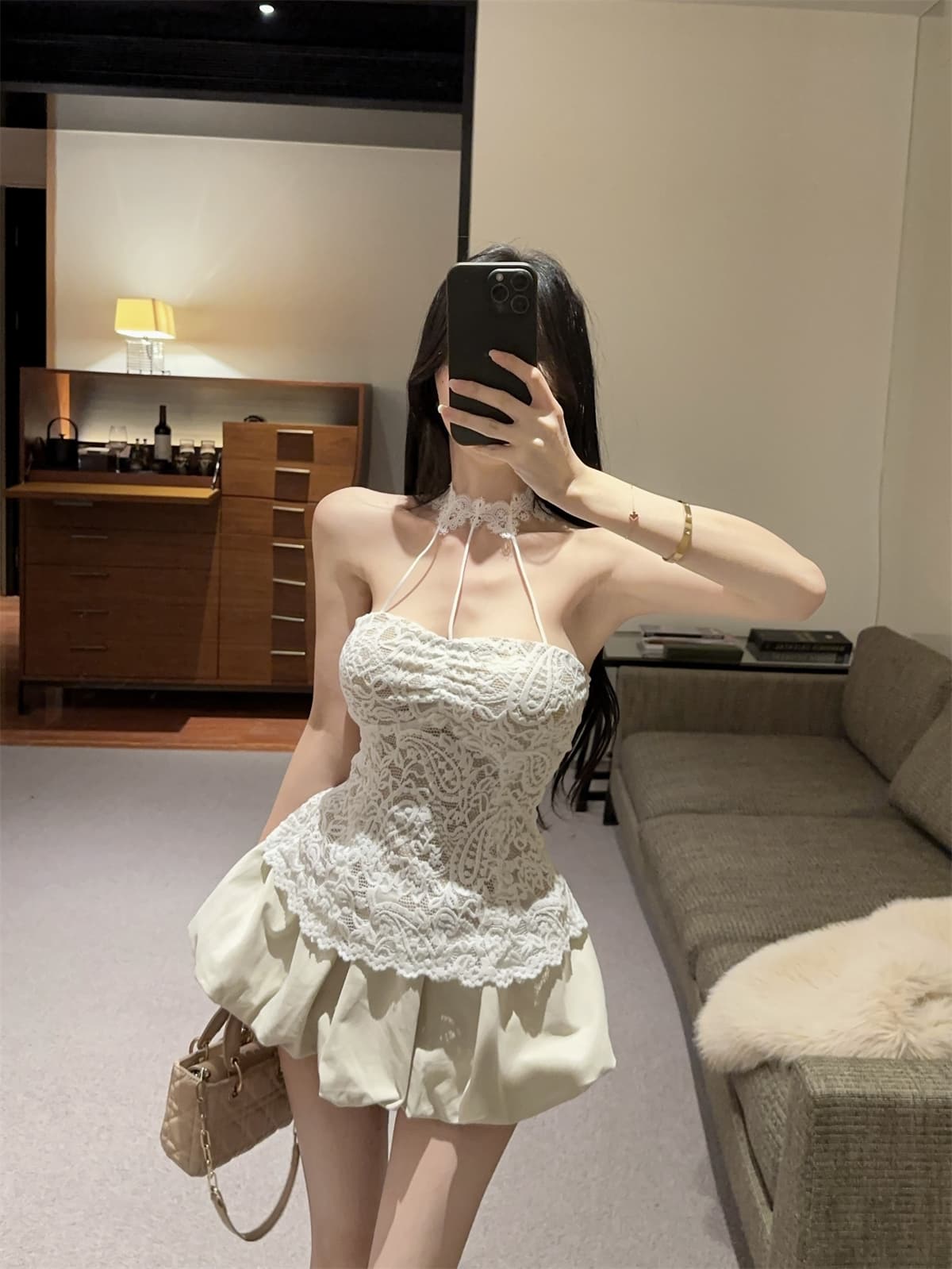 실사 정가 행침 목 순수한 욕망 섹시함 레이스 레이스 맨위 퍼프 스커트 워크웨어 치마바지 세트 여성 봄 이미지 2