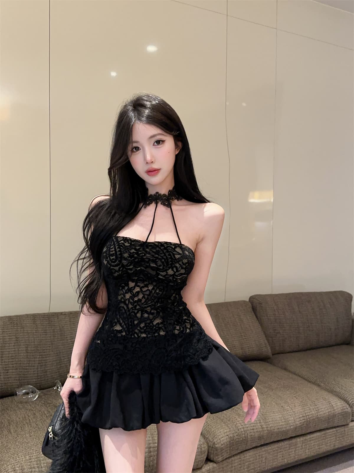 실사 정가 행침 목 순수한 욕망 섹시함 레이스 레이스 맨위 퍼프 스커트 워크웨어 치마바지 세트 여성 봄 상세 이미지 15