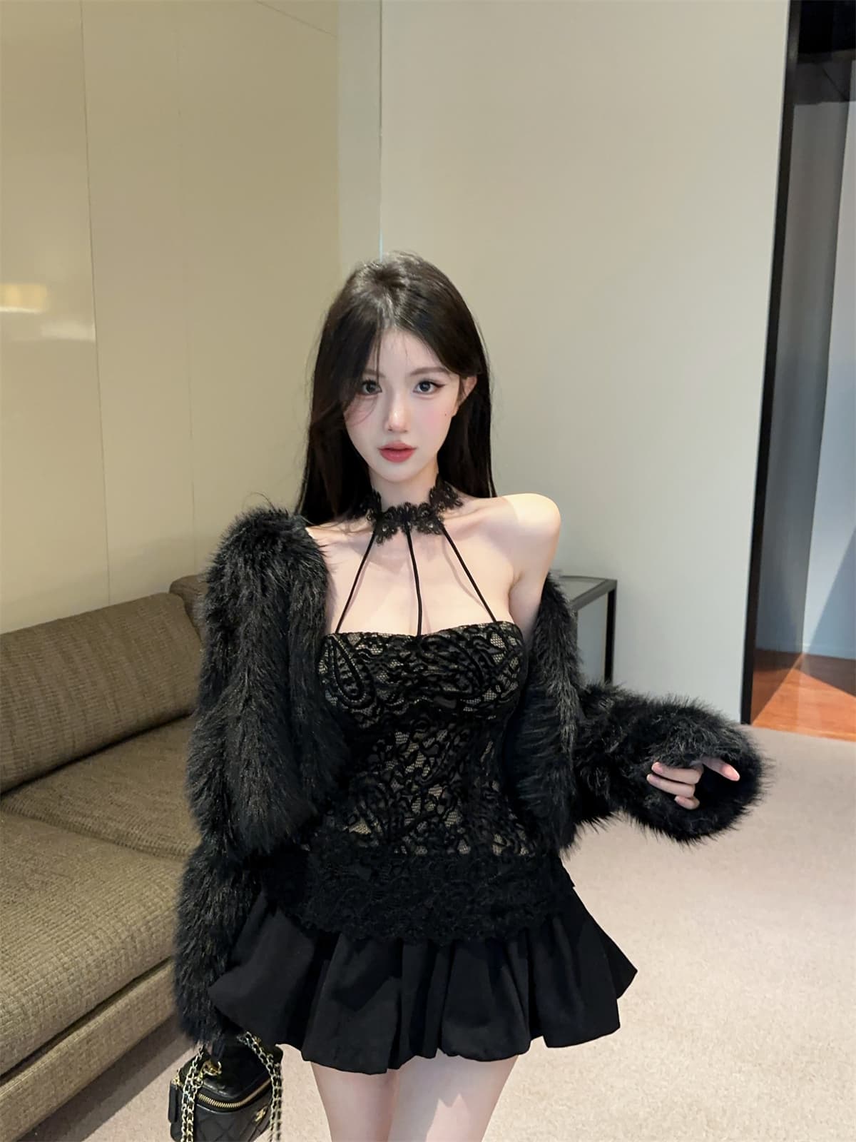 실사 정가 행침 목 순수한 욕망 섹시함 레이스 레이스 맨위 퍼프 스커트 워크웨어 치마바지 세트 여성 봄 이미지 3
