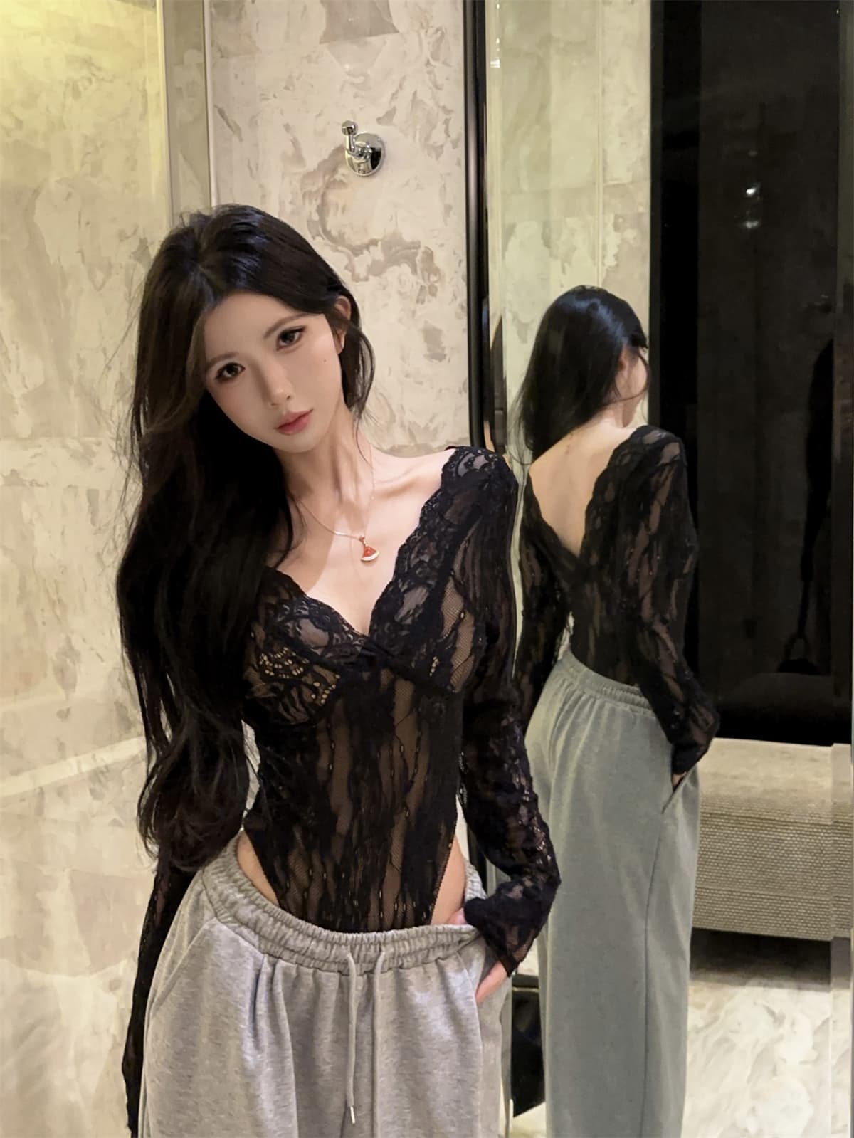 실사 정가 V넥 레이스 순수한 욕망 디자인 센스 레이스 셔츠 올인원 의류 여성 이른 봄 이미지 2