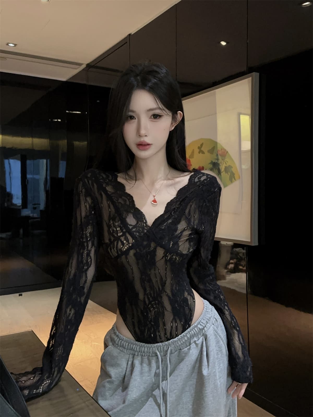 실사 정가 V넥 레이스 순수한 욕망 디자인 센스 레이스 셔츠 올인원 의류 여성 이른 봄 상세 이미지 8
