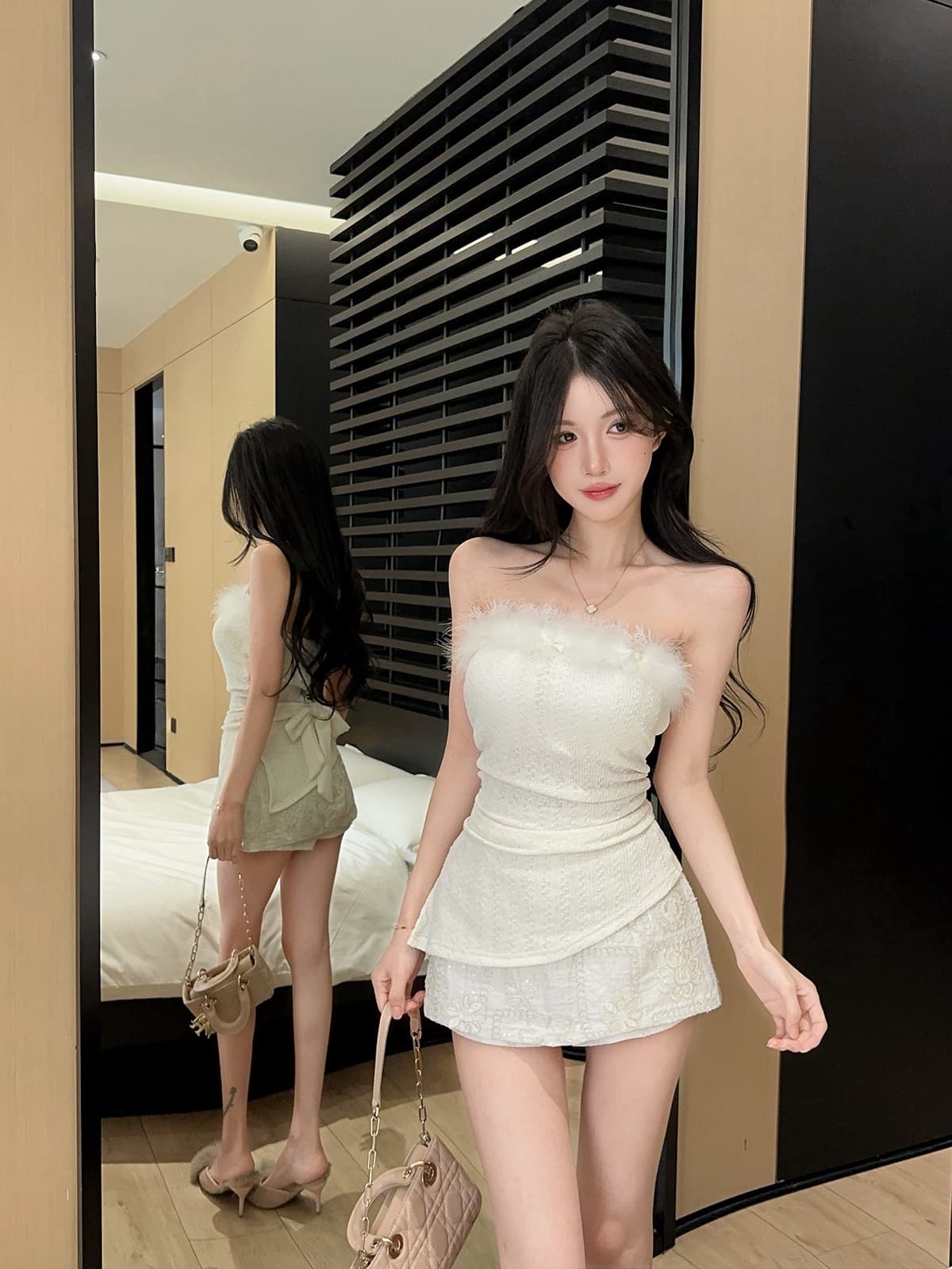 실사 정가 부드러운 모피 철자 레이스 레이스 스트랩 순수한 욕망 튜브탑 빛 럭셔리 자수 미니 스커트 여성 봄 세트 상세 이미지 8