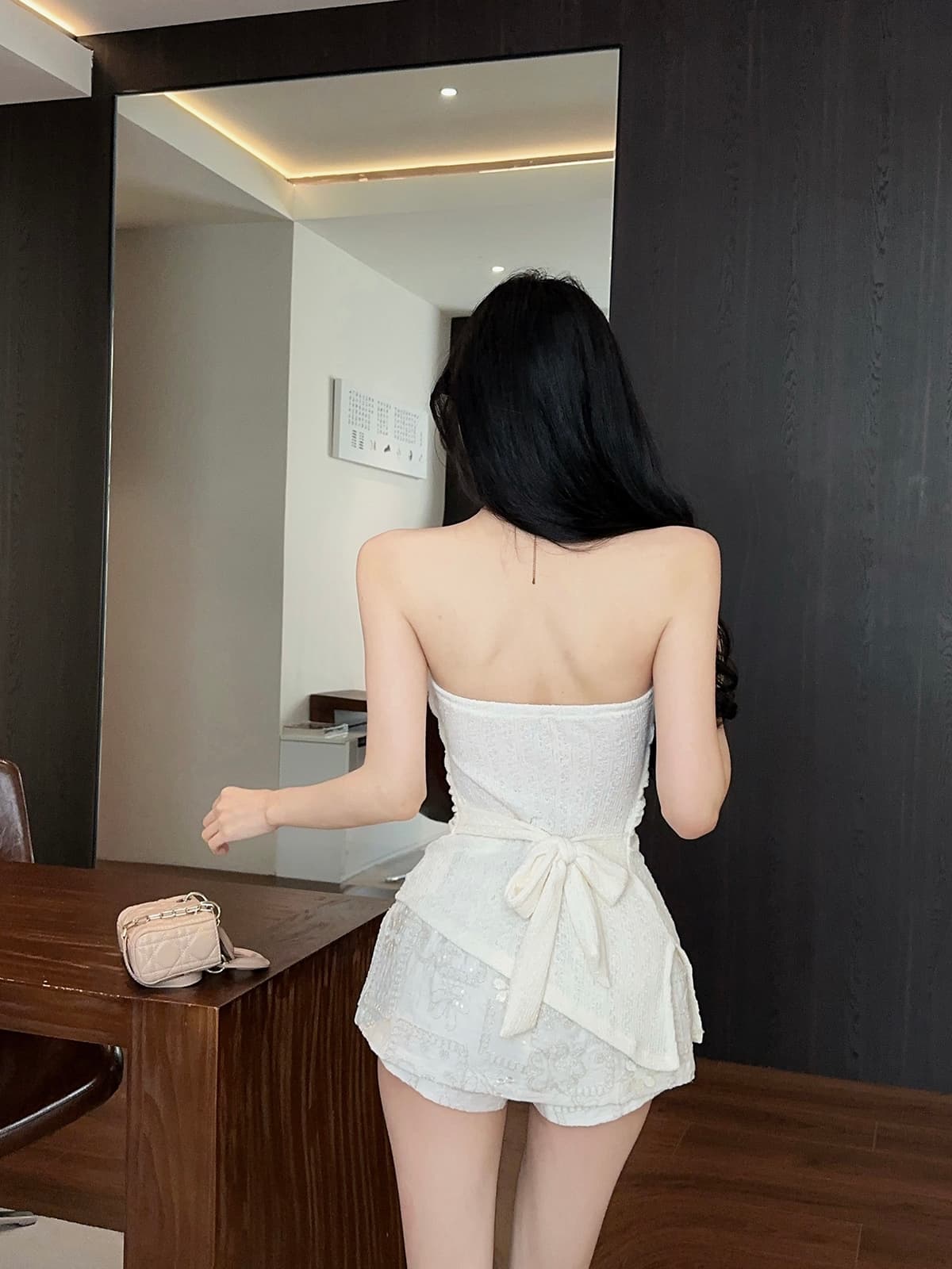 실사 정가 부드러운 모피 철자 레이스 레이스 스트랩 순수한 욕망 튜브탑 빛 럭셔리 자수 미니 스커트 여성 봄 세트 상세 이미지 9
