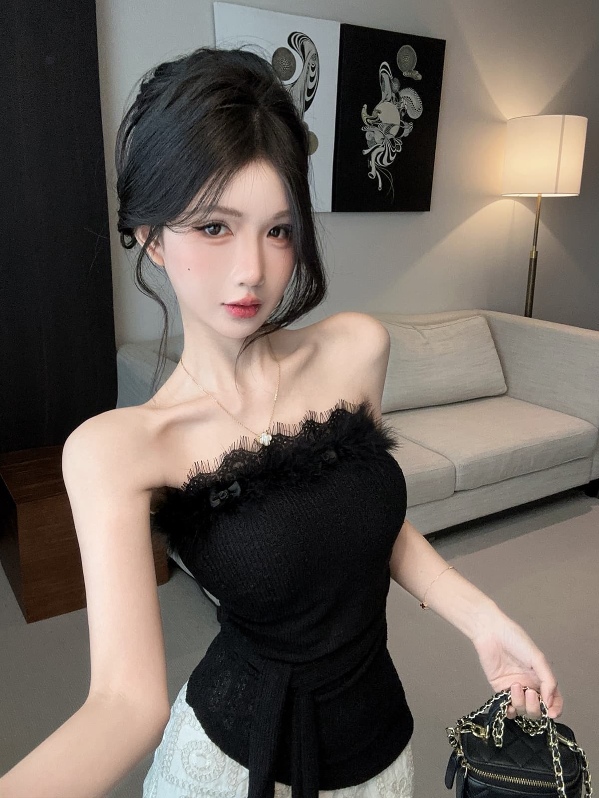 실사 정가 부드러운 모피 철자 레이스 레이스 스트랩 순수한 욕망 튜브탑 빛 럭셔리 자수 미니 스커트 여성 봄 세트 상세 이미지 12
