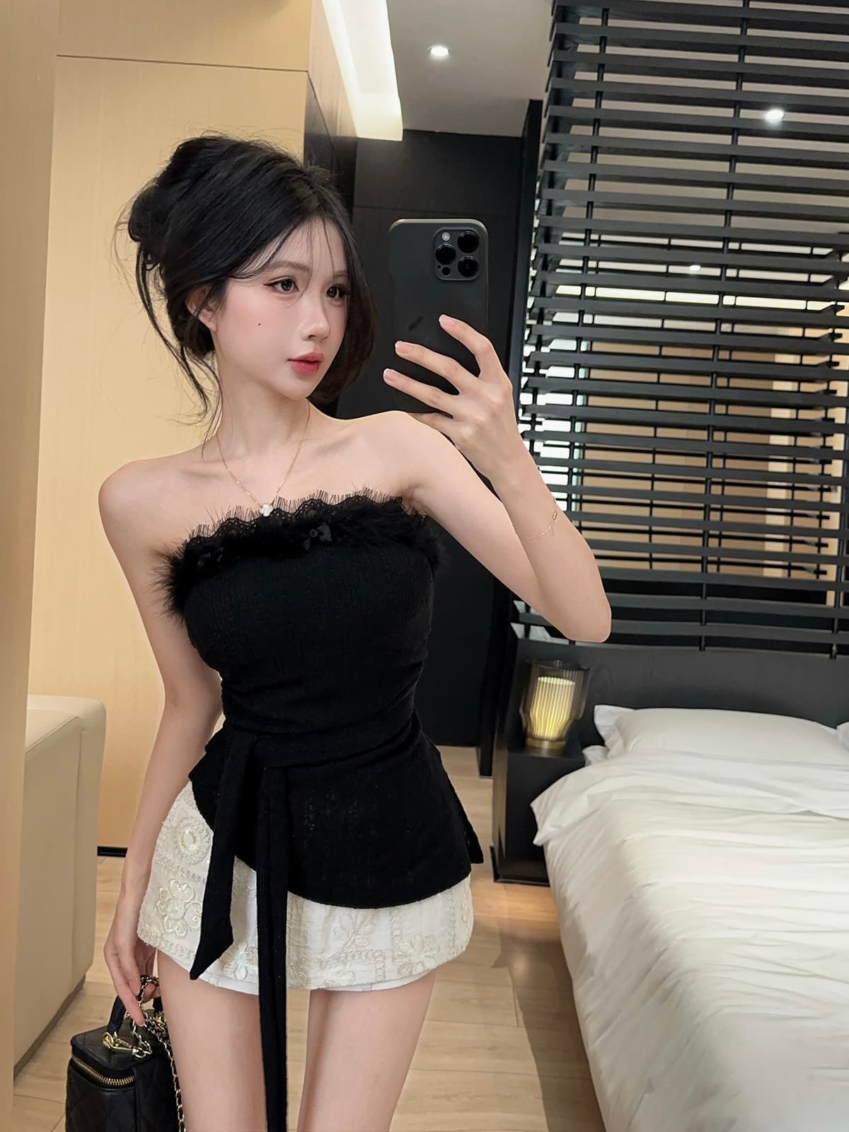 실사 정가 부드러운 모피 철자 레이스 레이스 스트랩 순수한 욕망 튜브탑 빛 럭셔리 자수 미니 스커트 여성 봄 세트 상세 이미지 14